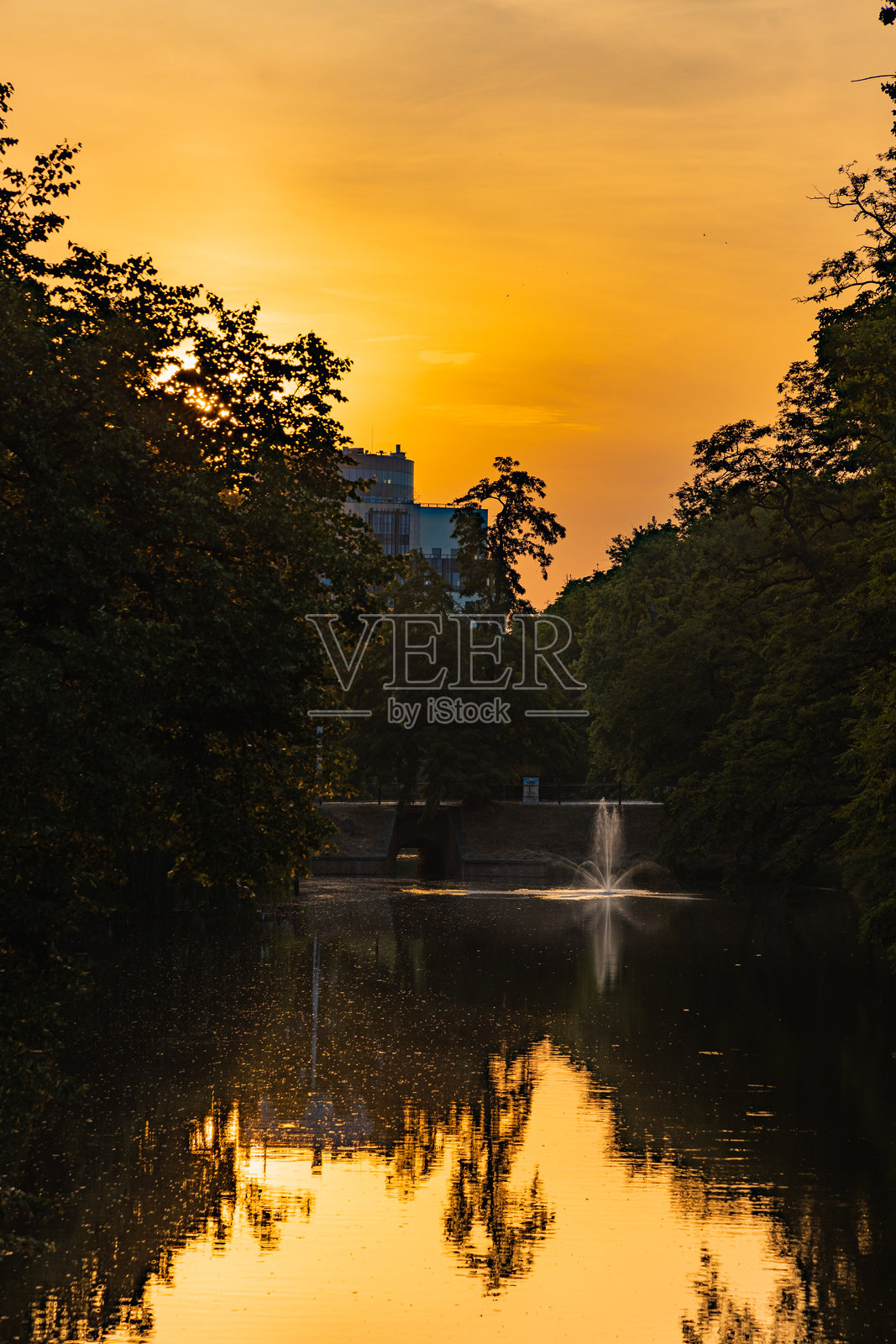 城市护城河上的日落，树木和建筑的倒影剪影照片摄影图片