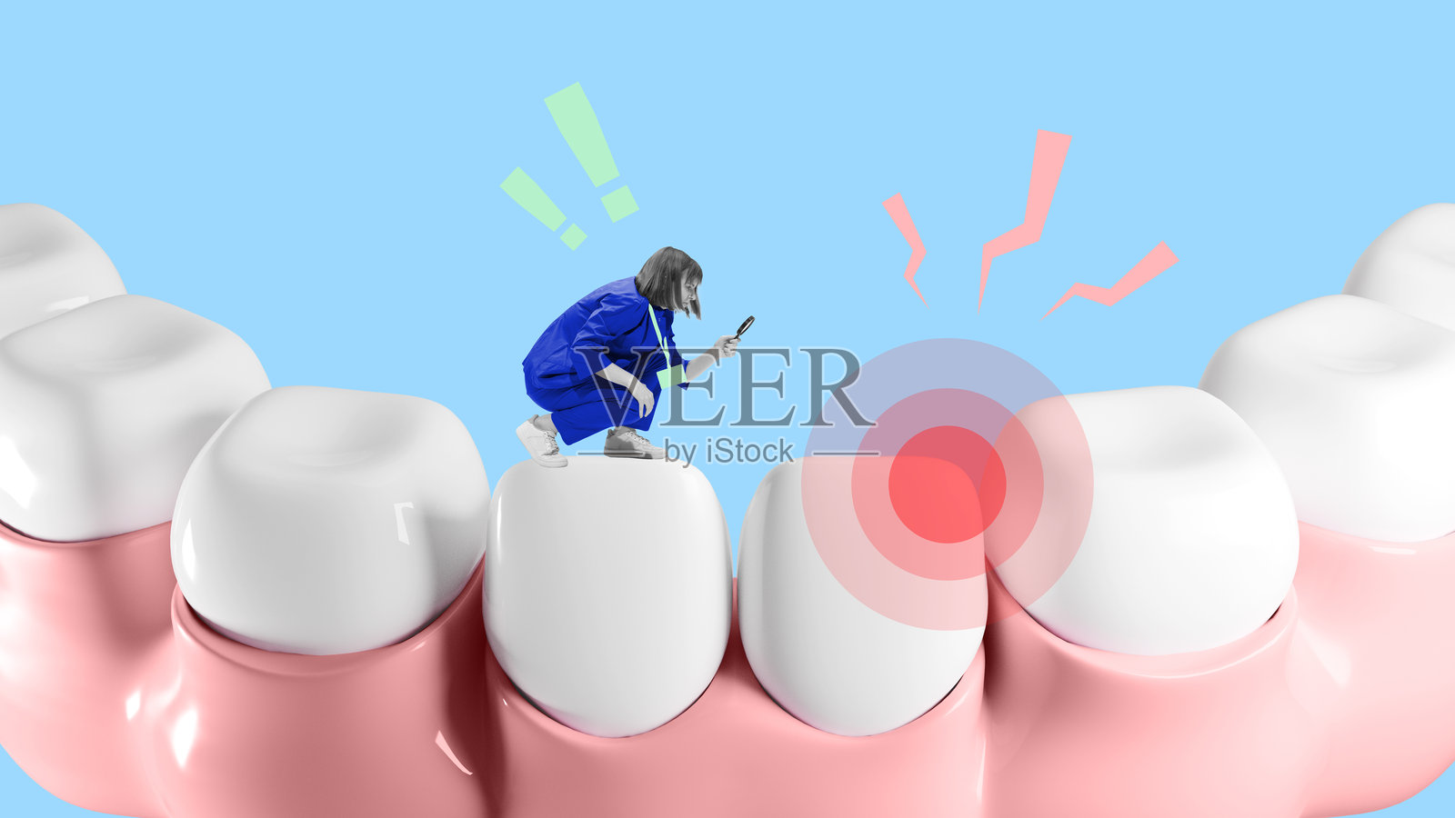 海报。现代艺术拼贴。牙医检查牙痛区域，代表健康计划中包含的即时护理和诊断。照片摄影图片