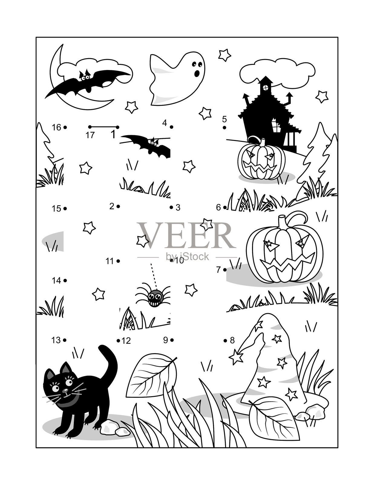 字母H的连线教育活动表和涂色页。H代表万圣节。H代表鬼屋。H代表女巫的帽子。H代表恐怖。插画图片素材