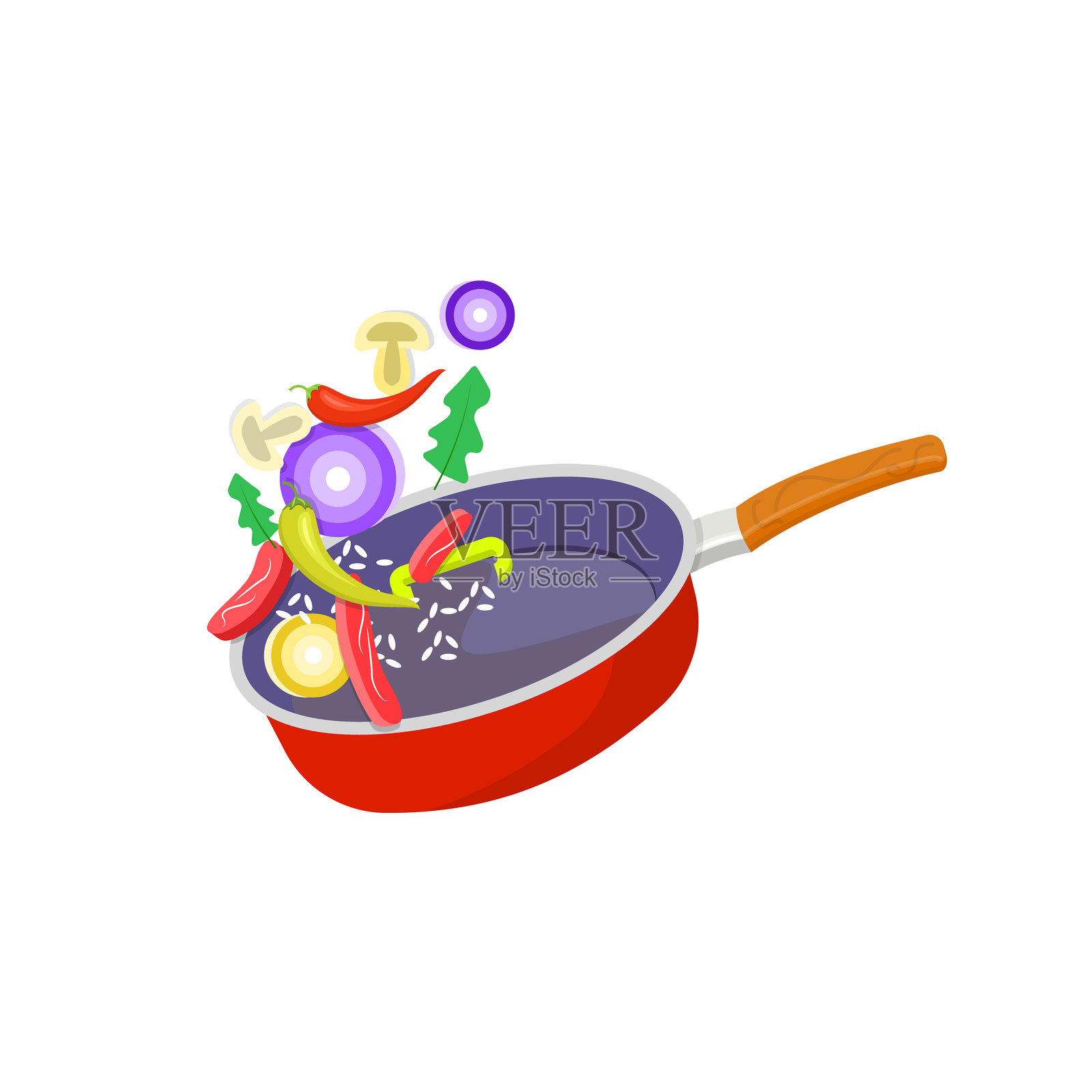 带切片蔬菜和肉类的煎锅矢量插图。插画图片素材