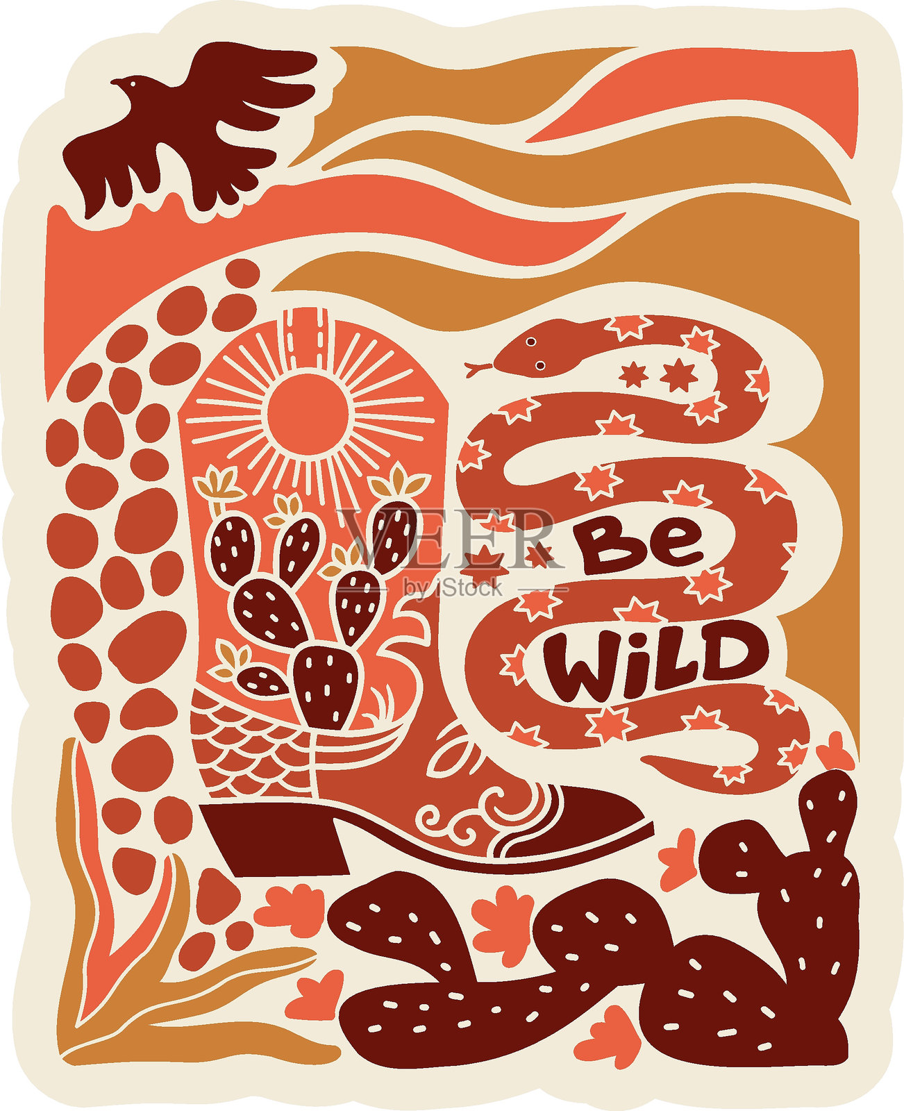 牛仔靴西部风格的可打印彩色插图，装饰有蛇和仙人掌。矢量图“牛仔女孩，勇敢无畏”适用于T恤、杯子、卡片和海报。插画图片素材