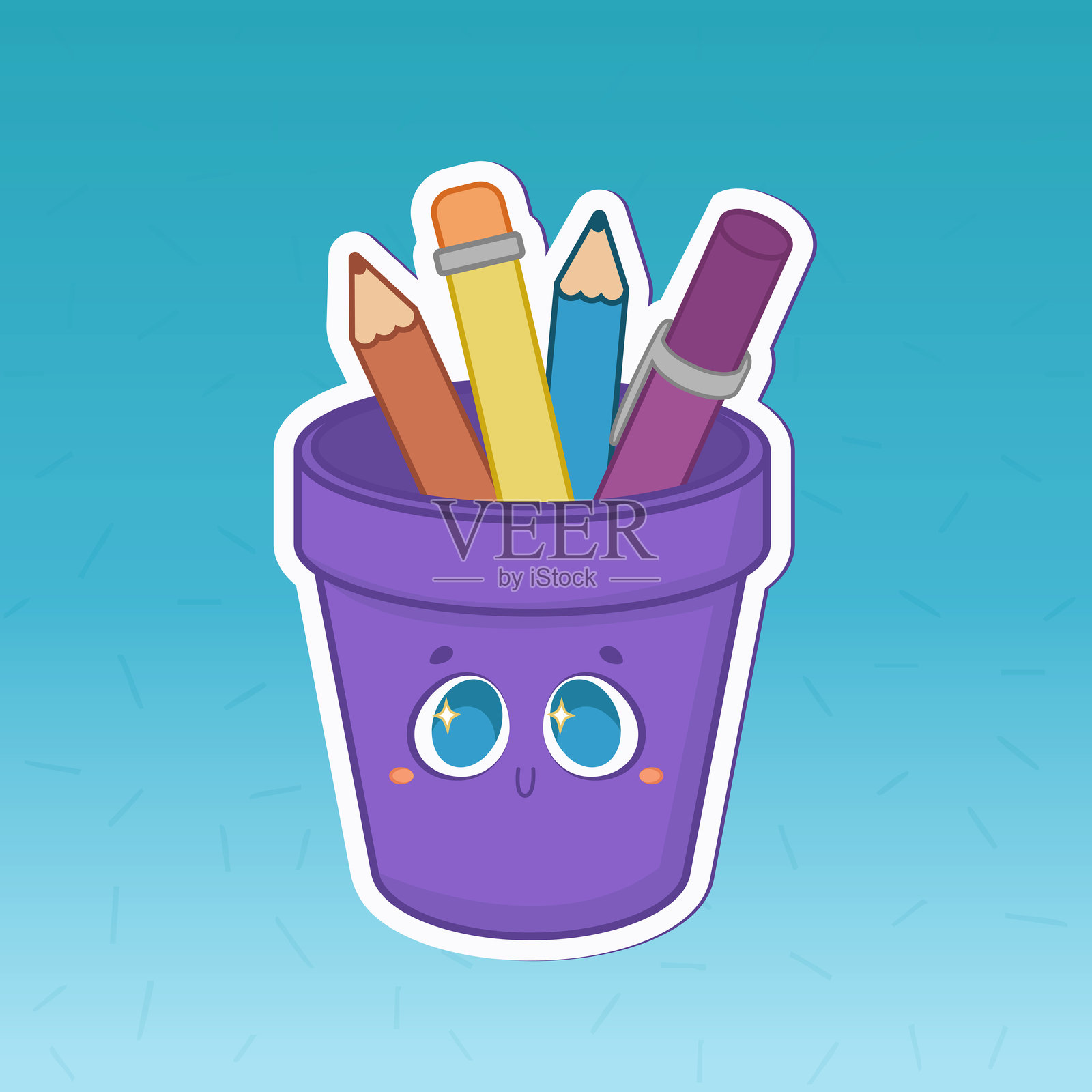可爱的矢量插图，展示一个小花瓶，里面装着笔和铅笔，花瓶上有一个快乐的笑脸。插画图片素材