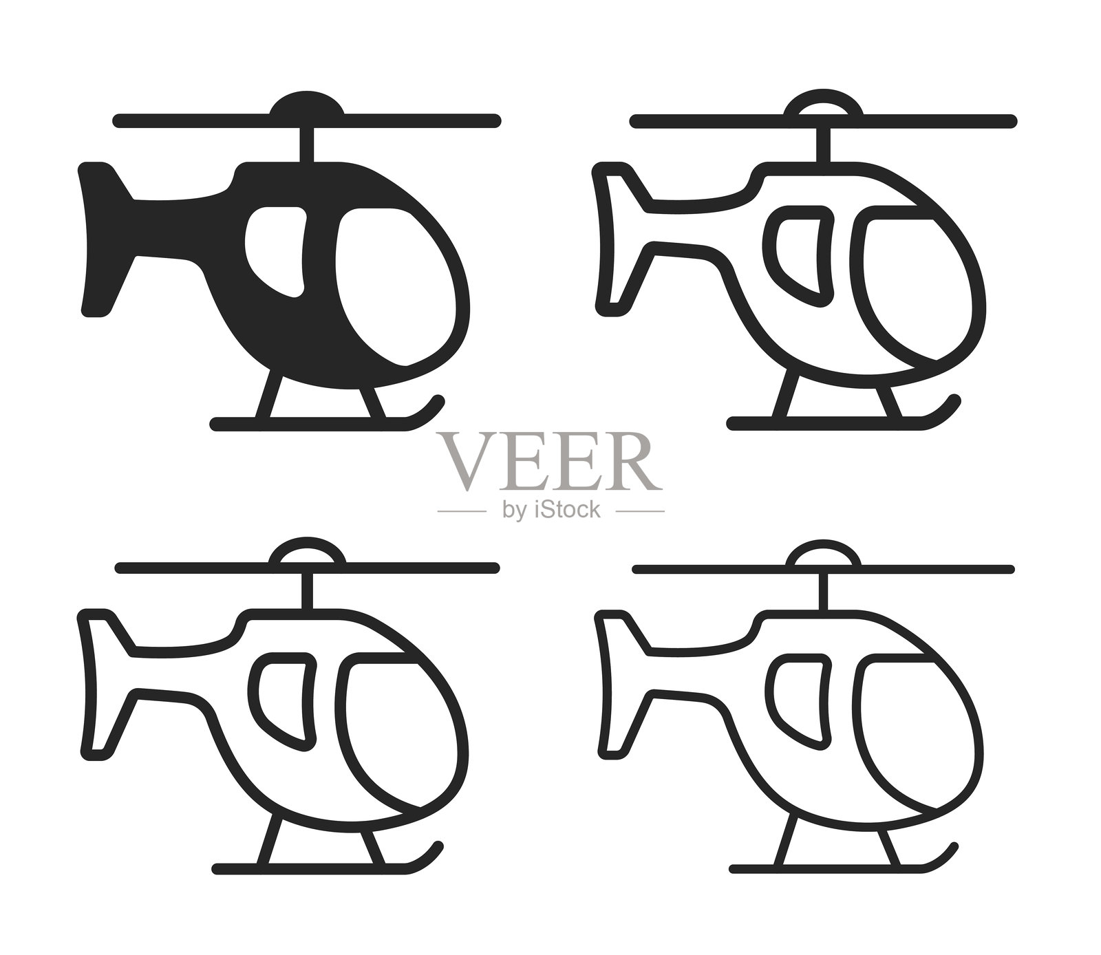 直升机图标集。直升机符号的轮廓和扁平设计。库存矢量插图插画图片素材