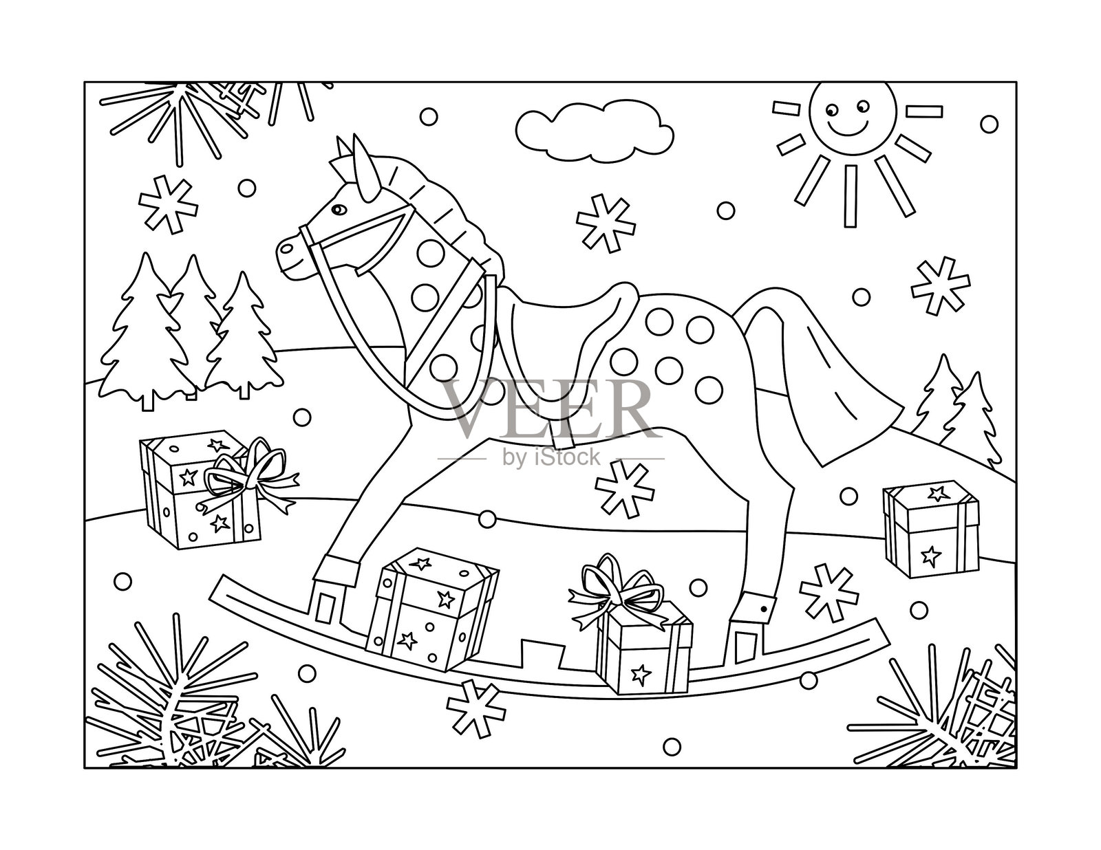 冬季假期的摇马涂色页插画图片素材