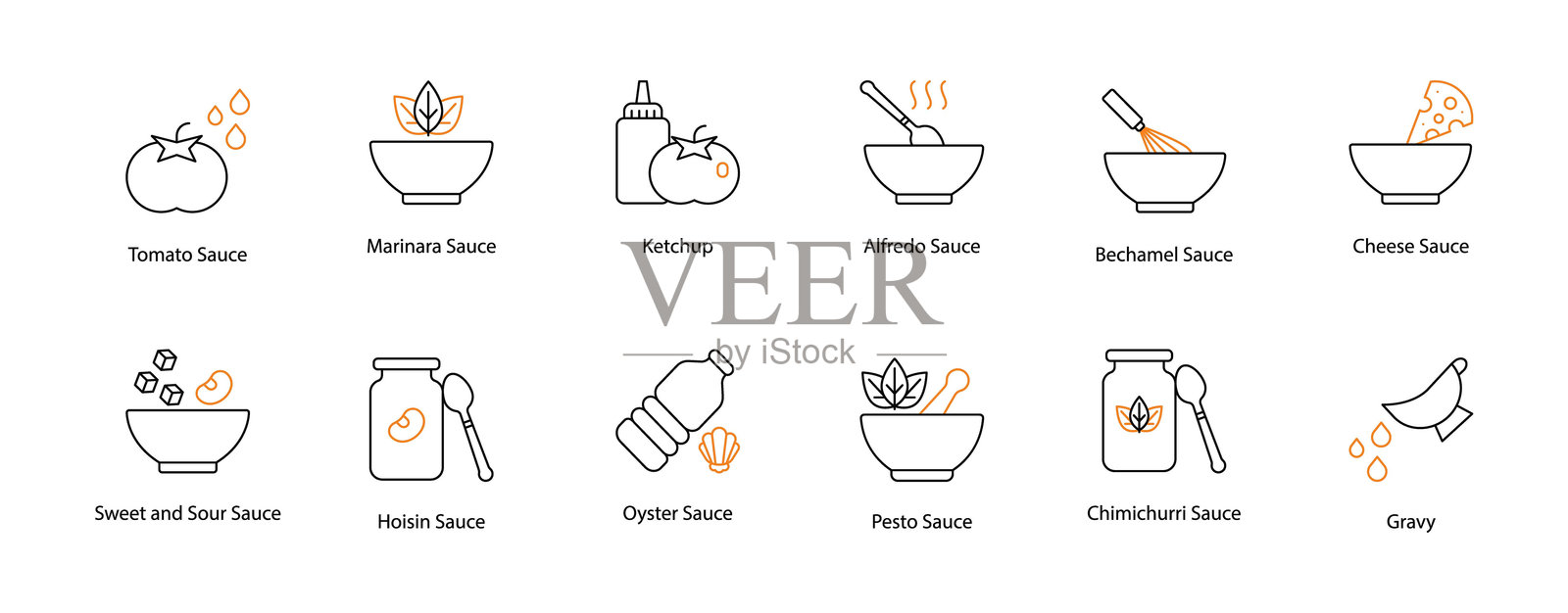 酱汁矢量图标集：番茄酱、玛丽娜酱、番茄酱、阿尔弗雷多酱、白酱、奶酪、甜酸酱、海鲜酱、蚝油、香蒜酱、奇妙酱和肉汁插画图片素材