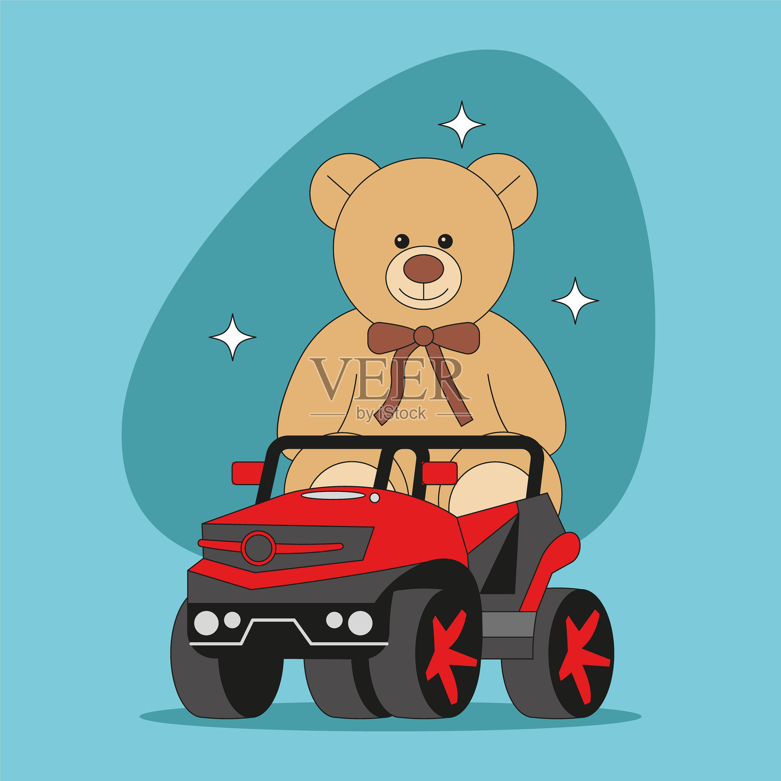 玩具儿童车与泰迪熊和星星。插画图片素材