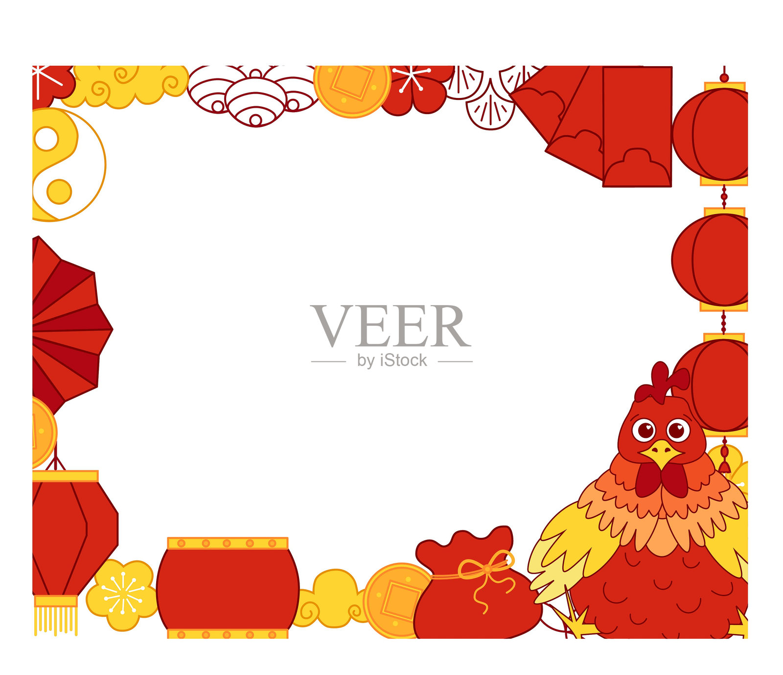 2029年中国新年，农历灯笼节，鸡年模板矩形框设计，带有中国传统元素。插画图片素材