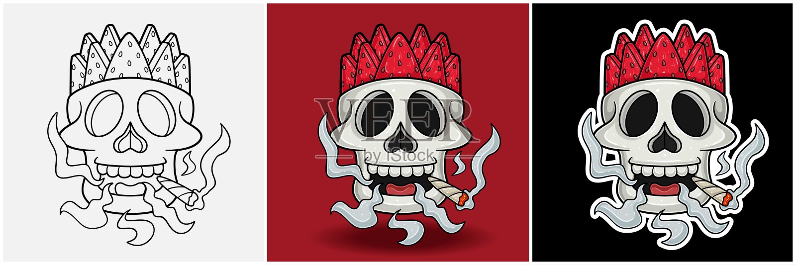 西瓜水果在骷髅头内，带有吸烟角色的卡通形象。黑白、彩色和贴纸风格。插画图片素材