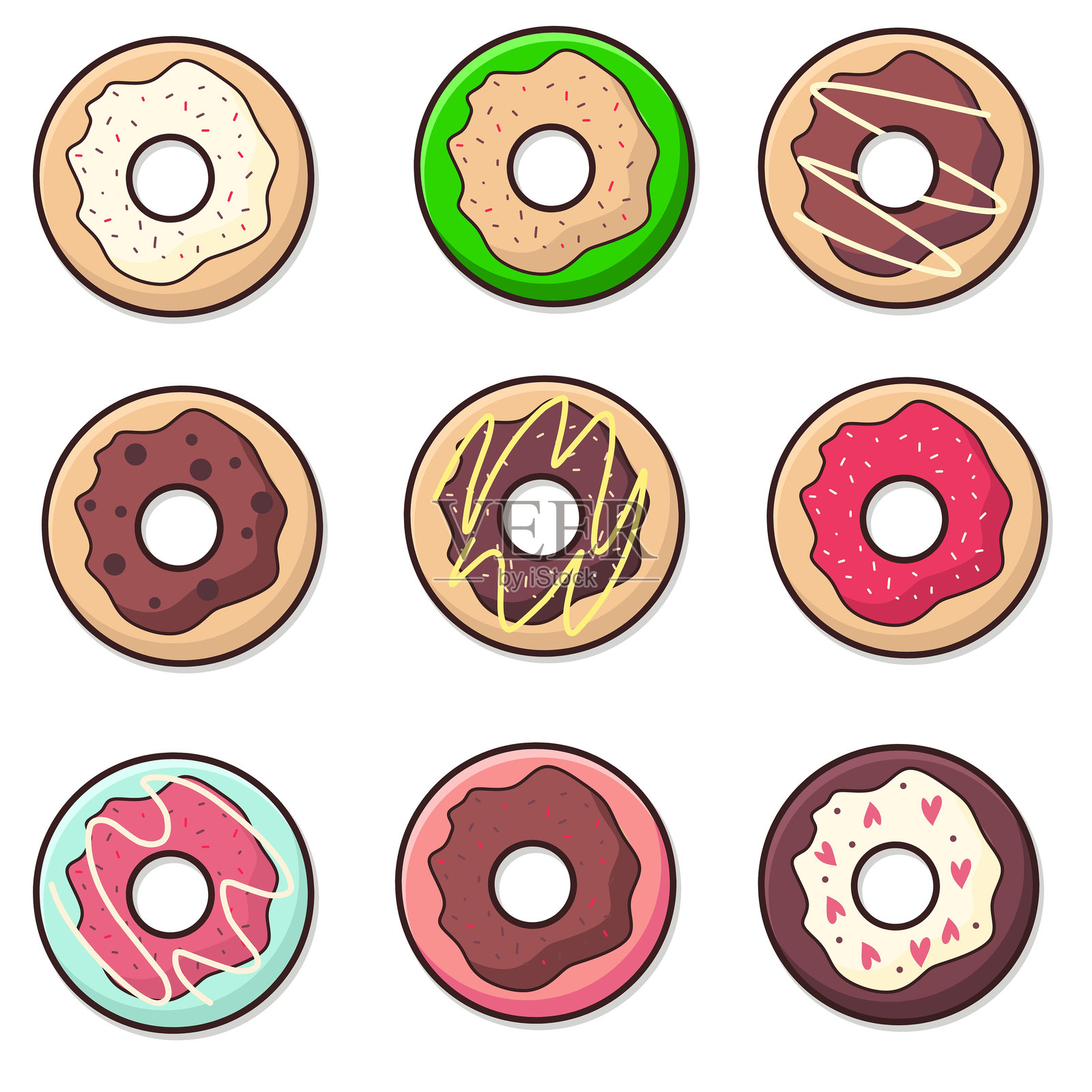 卡通甜甜圈，口味多样插画图片素材