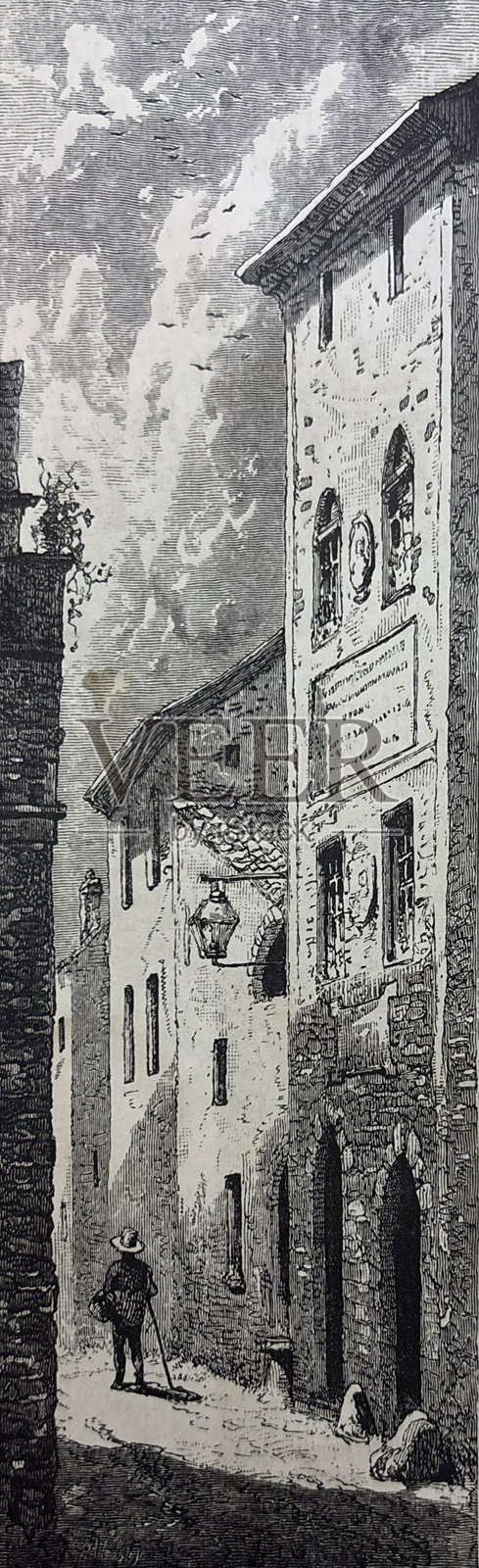 古老插图 - 一名男子在意大利热那亚的一条狭窄街道上行走插画图片素材