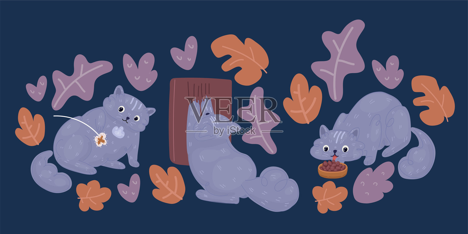 卡通矢量插图，展示了不同姿势和情绪的猫。猫的行为、肢体语言和面部表情。猫玩玩具、猫吃猫粮、猫抓挠柱、墙壁。插画图片素材