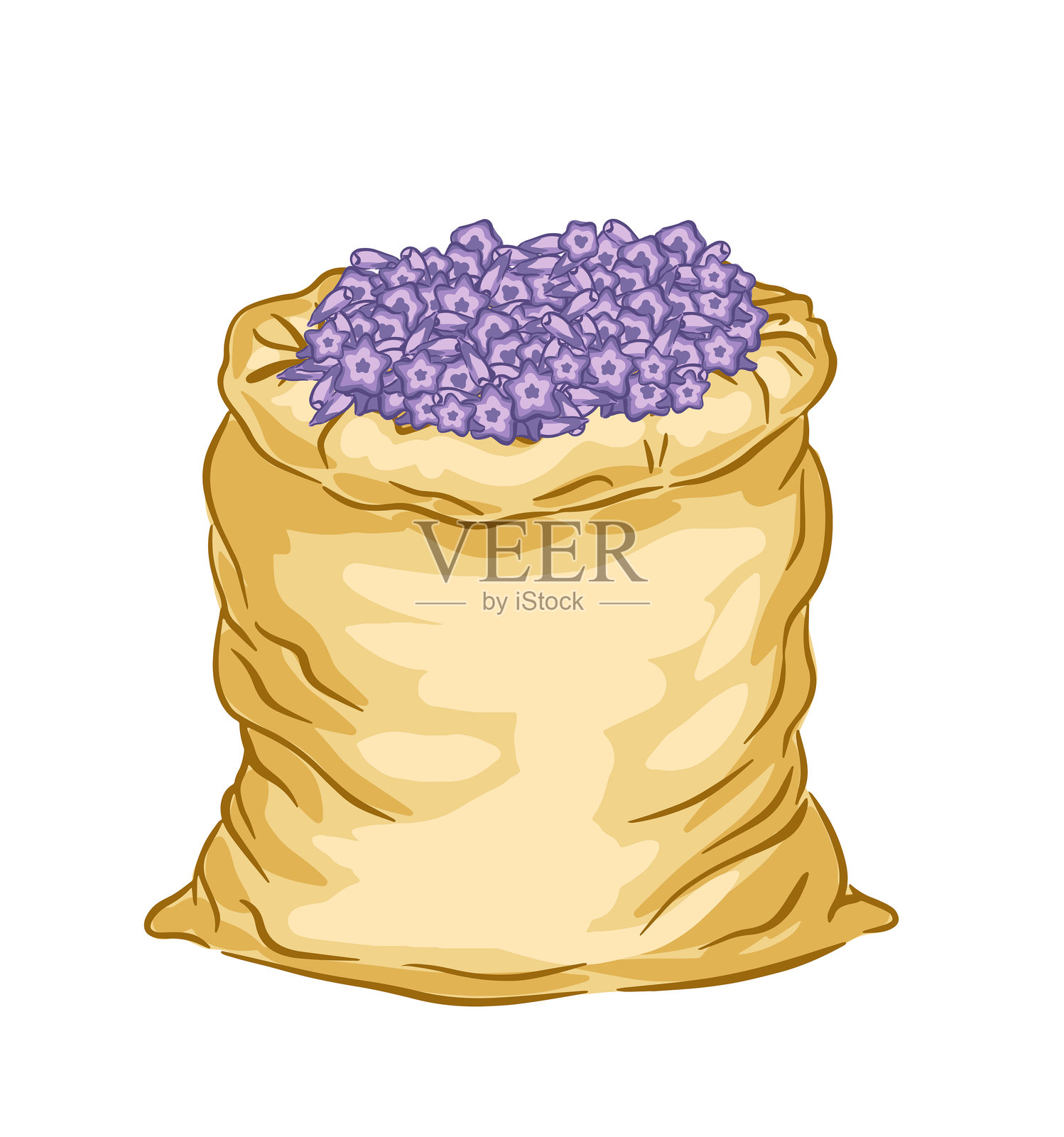 手绘的麻袋装满了鲜艳的紫色薰衣草花，背景为白色。插画图片素材