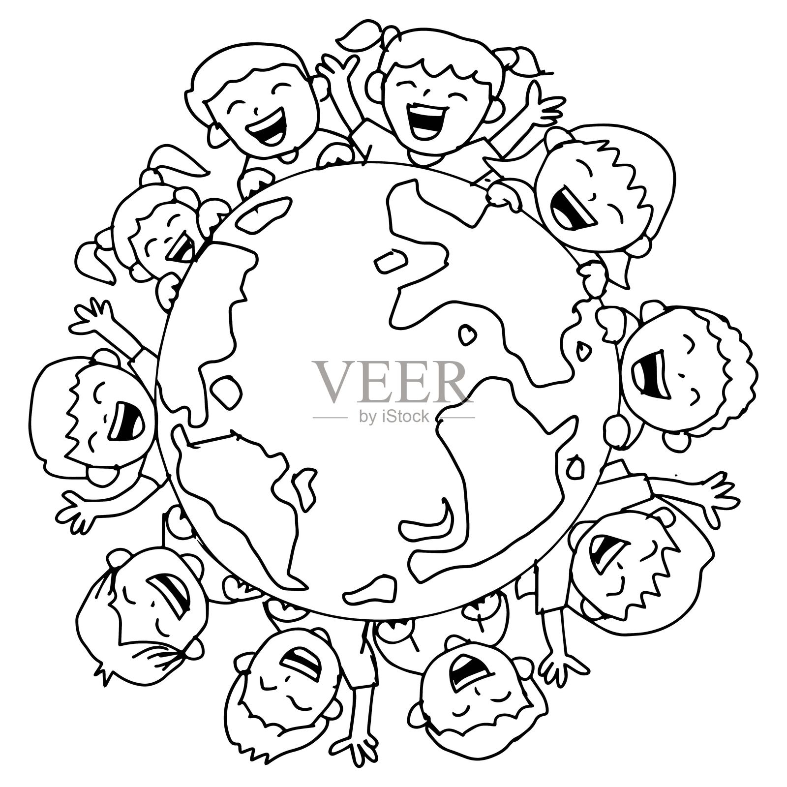 黑白卡通插图：一群孩子围绕地球仪插画图片素材
