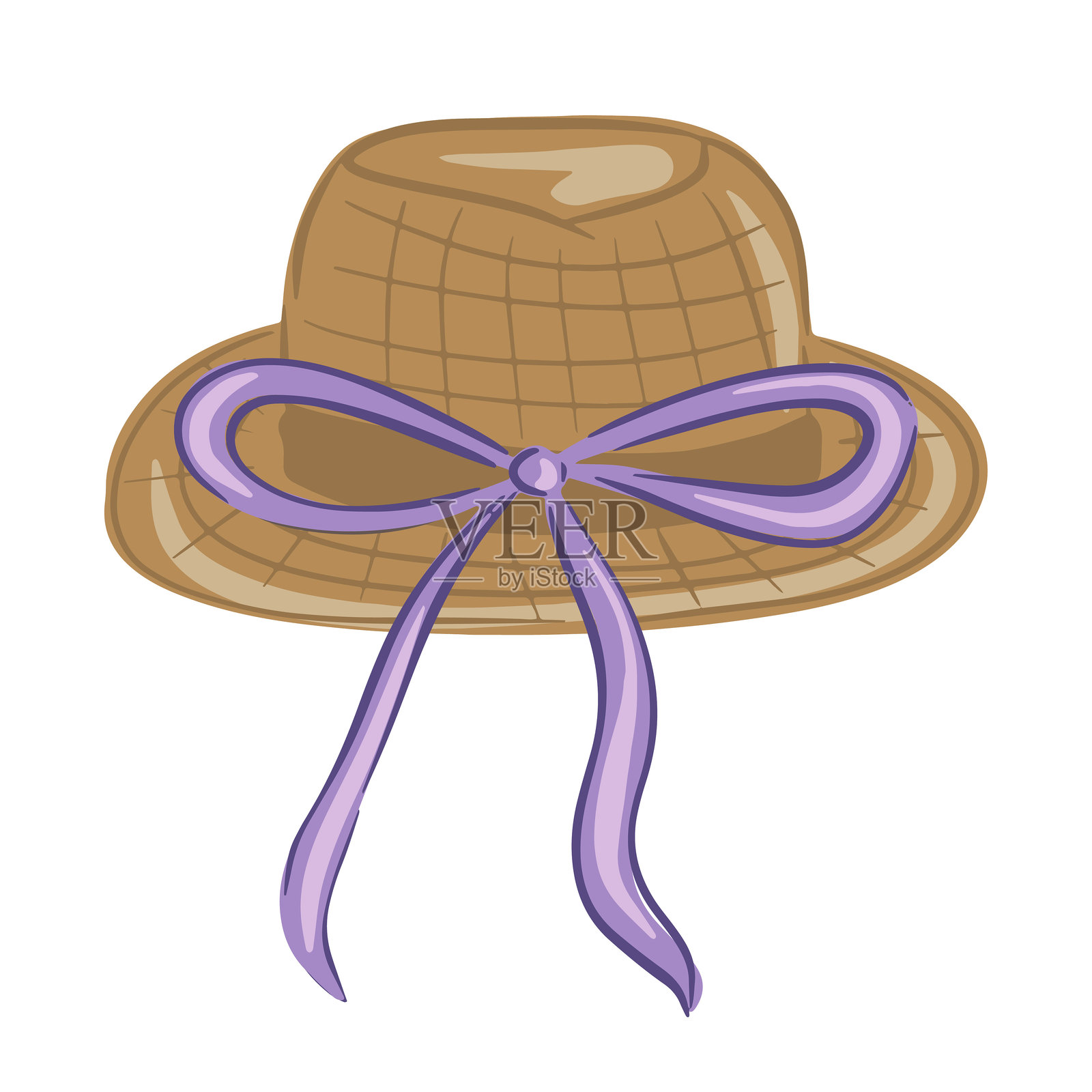 手绘草帽，上面系着紫色丝带，适合阳光明媚的户外活动插画图片素材
