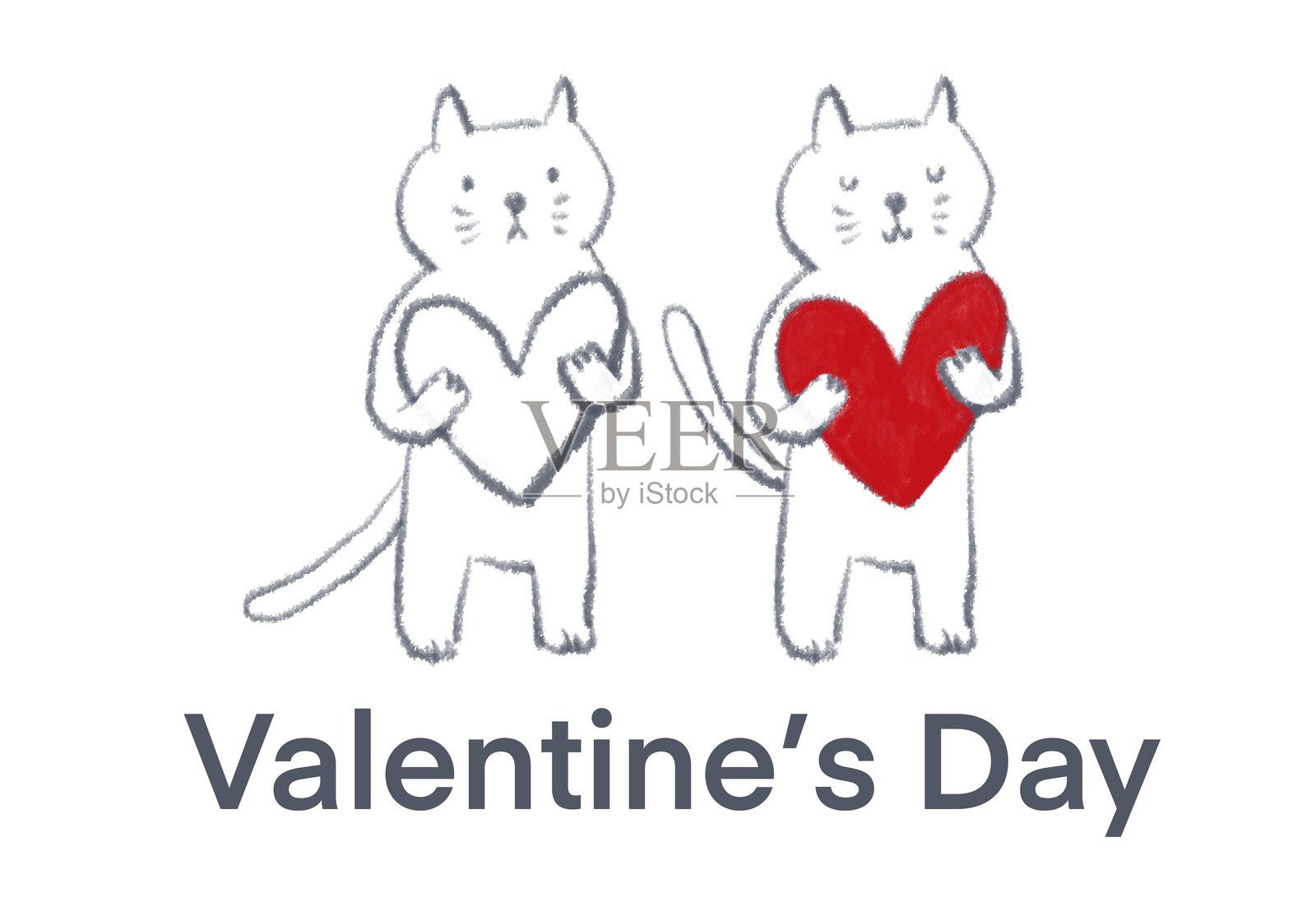 猫咪抱着心形图案，模糊的笔触风格，情人节插画图片素材