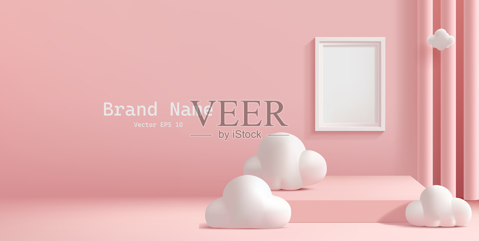 粉色广告产品横幅。3D空的讲台，白色相框，云朵，柱子。现代广告促销优惠和新产品的横幅。矢量图。插画图片素材