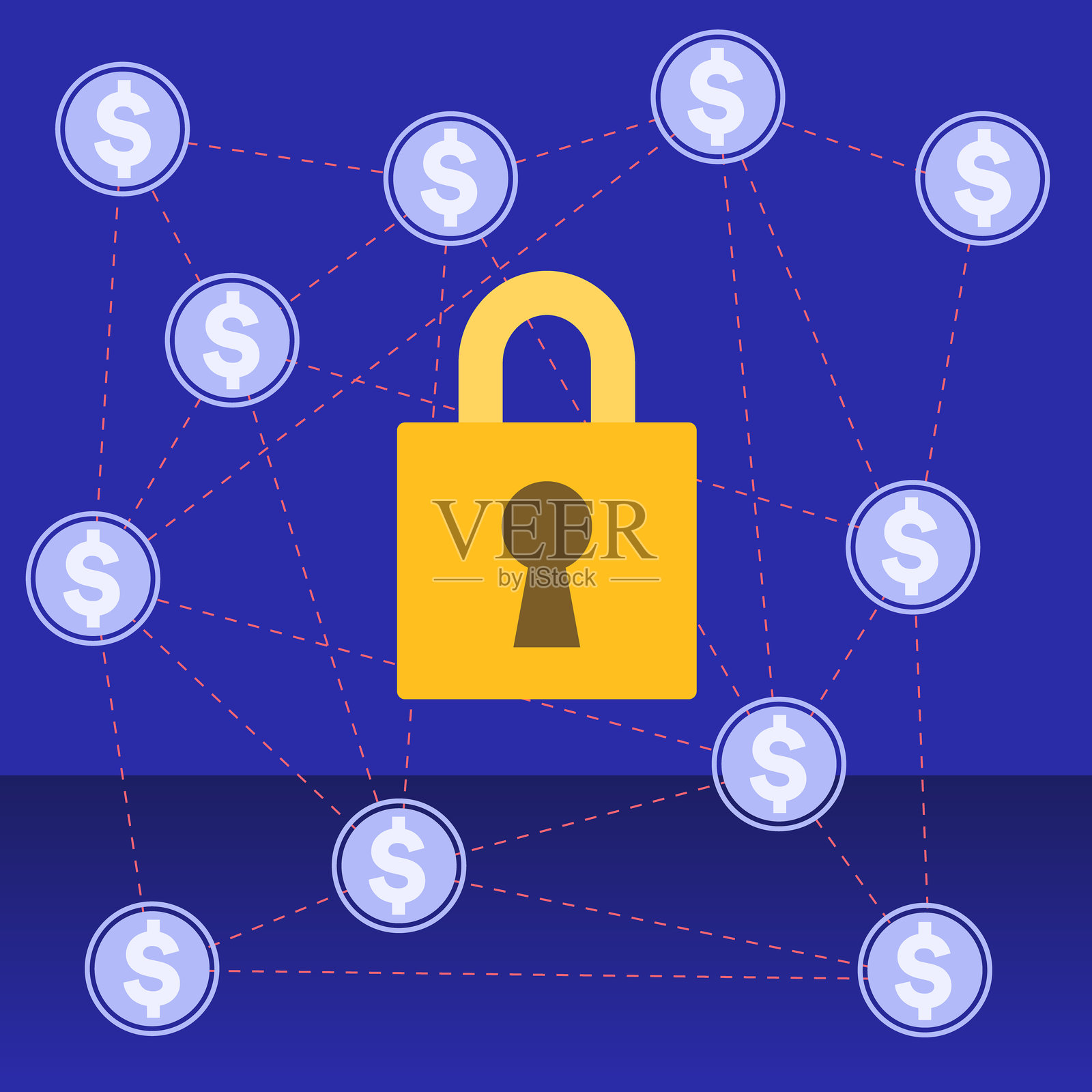 锁住美元硬币网络的挂锁：保护金融交易插画图片素材