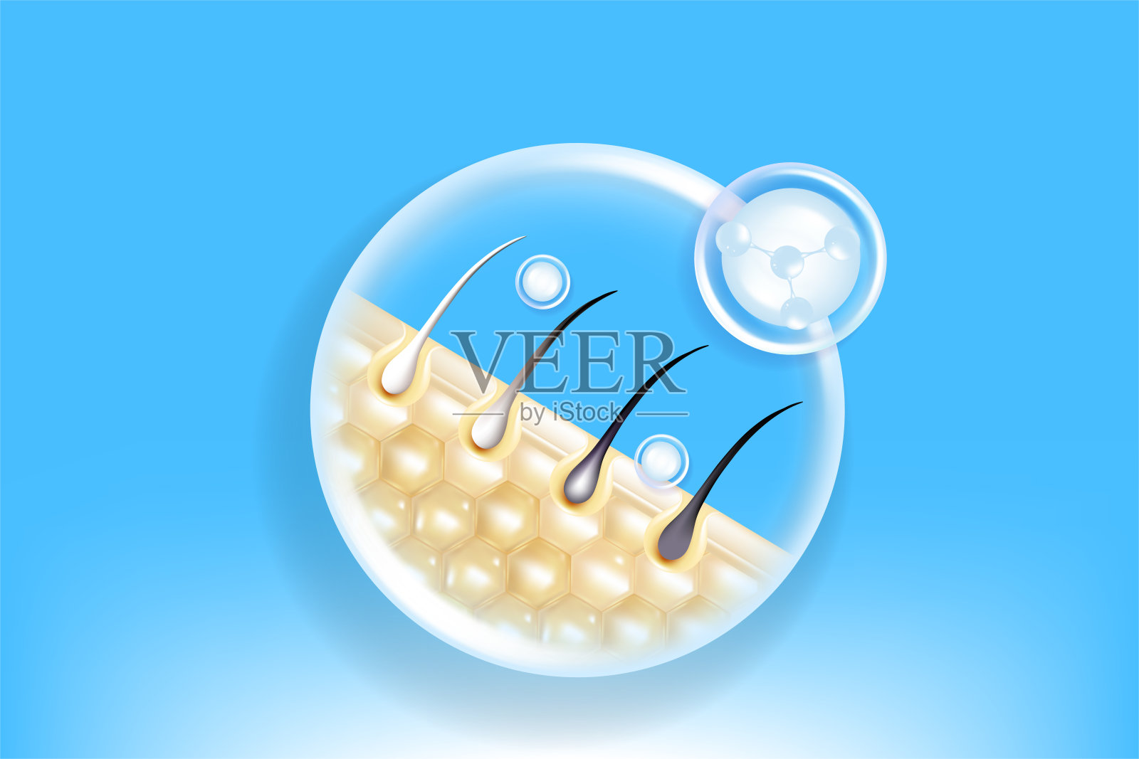 透明质酸和烟酰胺灰发和肌肤解决方案广告，蓝色胶原蛋白精华滴入皮肤细胞，化妆品广告背景，随时可用，插图矢量。插画图片素材