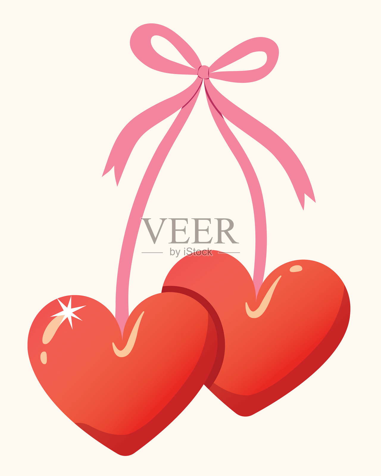 可爱的双心与丝带蝴蝶结，爱情装饰设计，庆祝爱的概念。插画图片素材