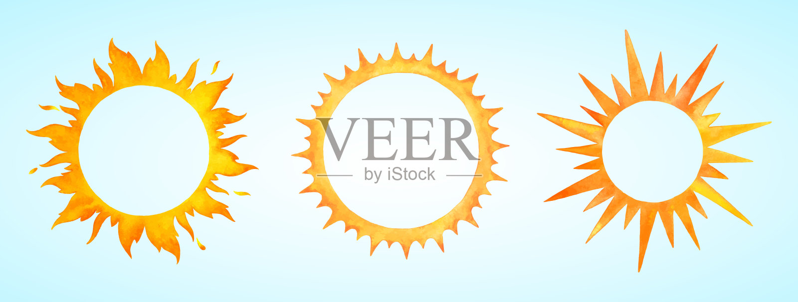 水彩矢量太阳太阳冠形状插图集，捆绑包。火焰色圆形框架合集，水彩污迹，风格化光线。橙色、红色、黄色圆圈，燃烧的环。马斯连尼察背景，模板。插画图片素材