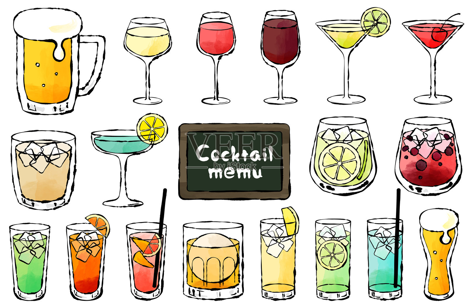 鸡尾酒、啤酒、威士忌矢量插图集 手绘刷子风格插画图片素材