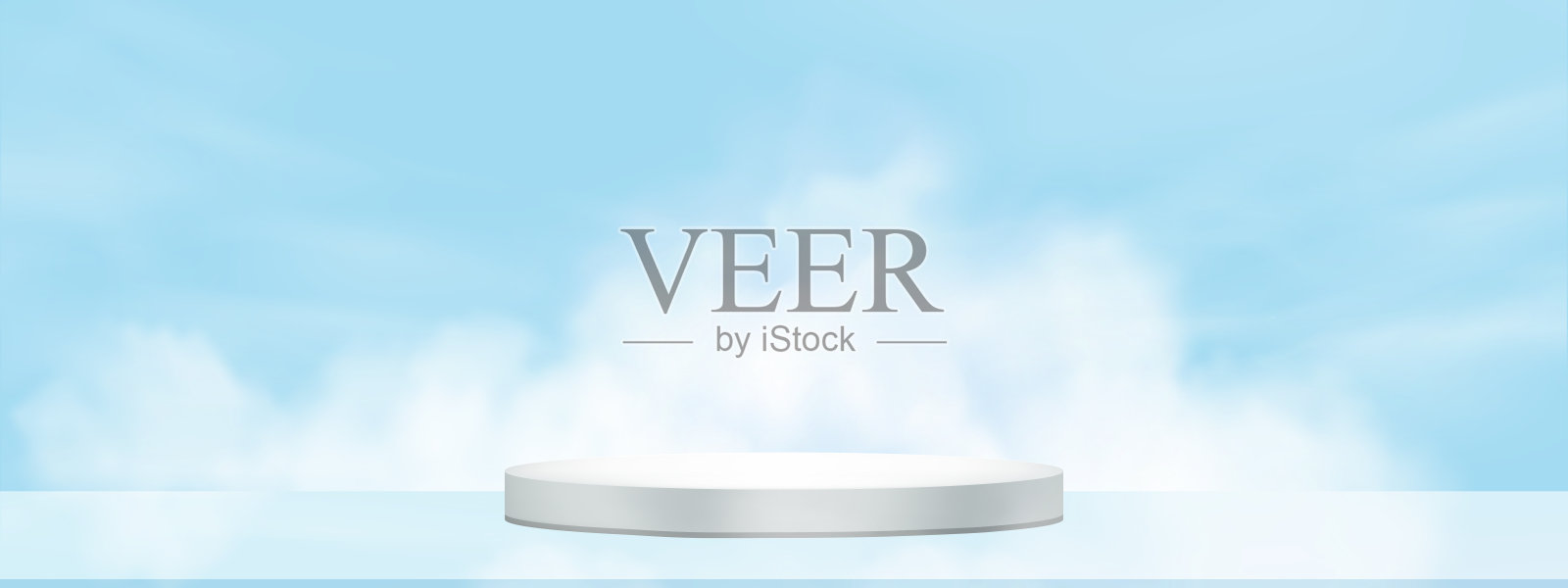 蓝色背景上的天空和云朵，带有灰色3D圆形基座用于产品展示，矢量春季或夏季横幅，极简主义背景，白色模型平台，背景有烟雾、雾气和蒸汽。插画图片素材