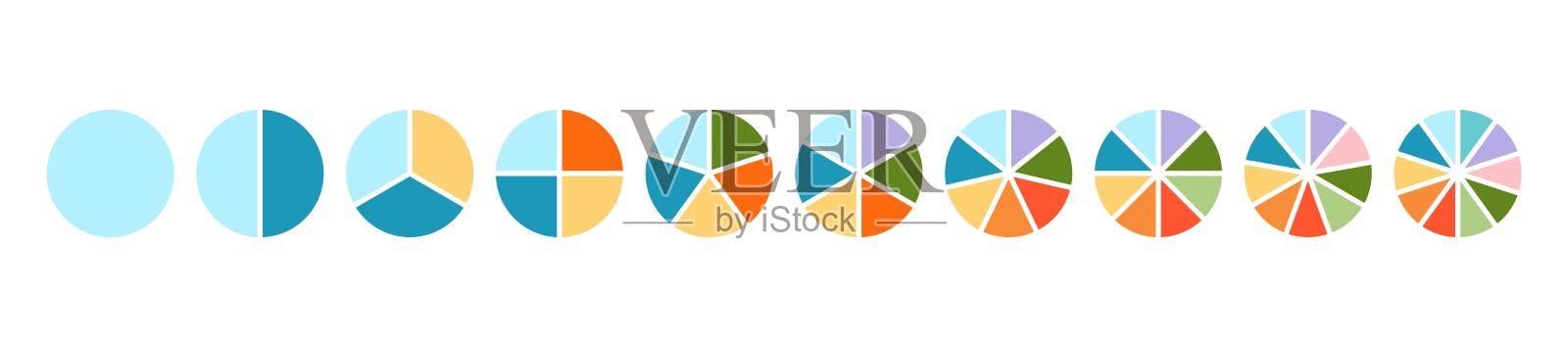 图表轮盘分为1到10个部分，饼图信息图圆形分为披萨或甜甜圈段，矢量平面图标插画图片素材
