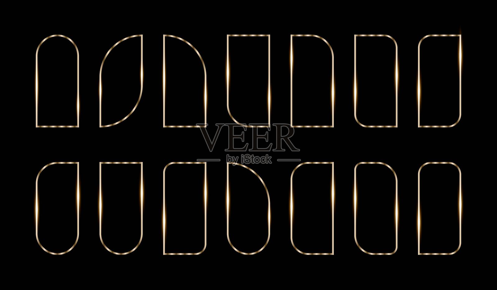 黑色背景上的金色细框艺术装饰风格，极简主义矢量拱形几何图形闪耀光泽插画图片素材