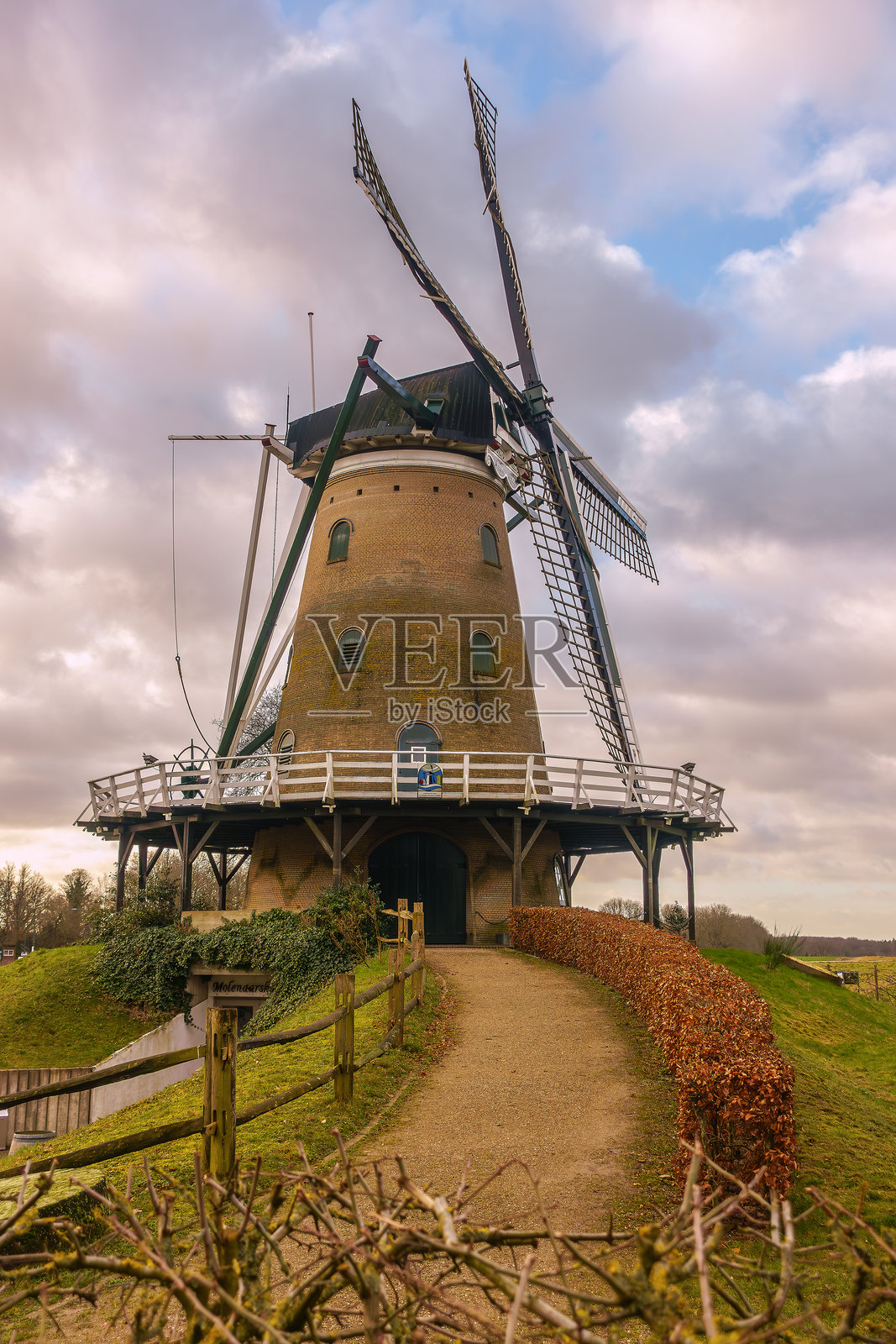 历史悠久的风车De Windhond在多云的日子里位于索斯特照片摄影图片