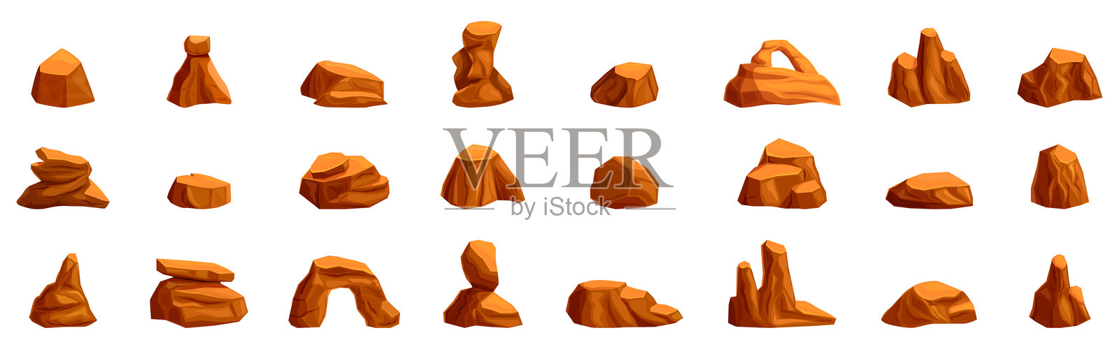 沙漠石头图标集。各种形状的卡通岩石组合成美丽的景观设计元素。插画图片素材