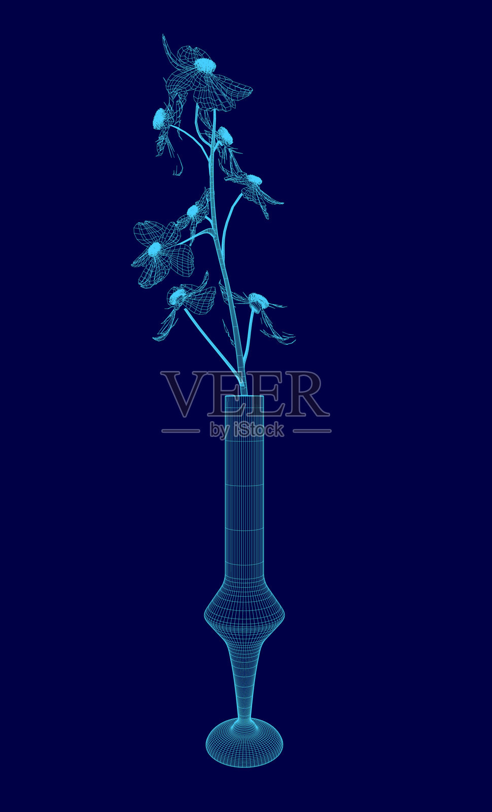 蓝色的花瓶中插着一朵花。花瓶高而细，花朵小巧而精致。整个画面散发出宁静和安详的氛围。插画图片素材