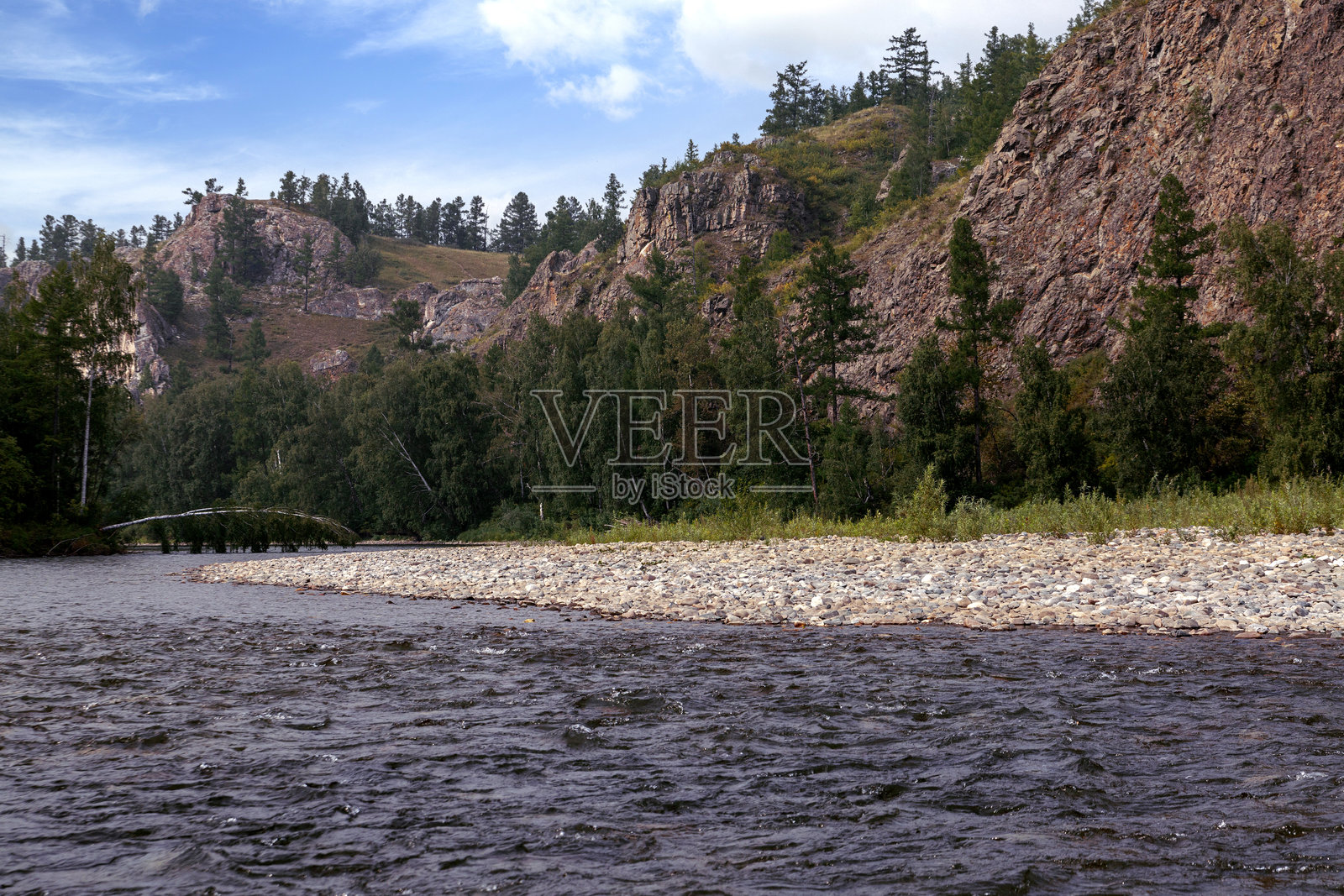 河流和森林覆盖的山脉沿岸。夏季风景，自然之美。照片摄影图片