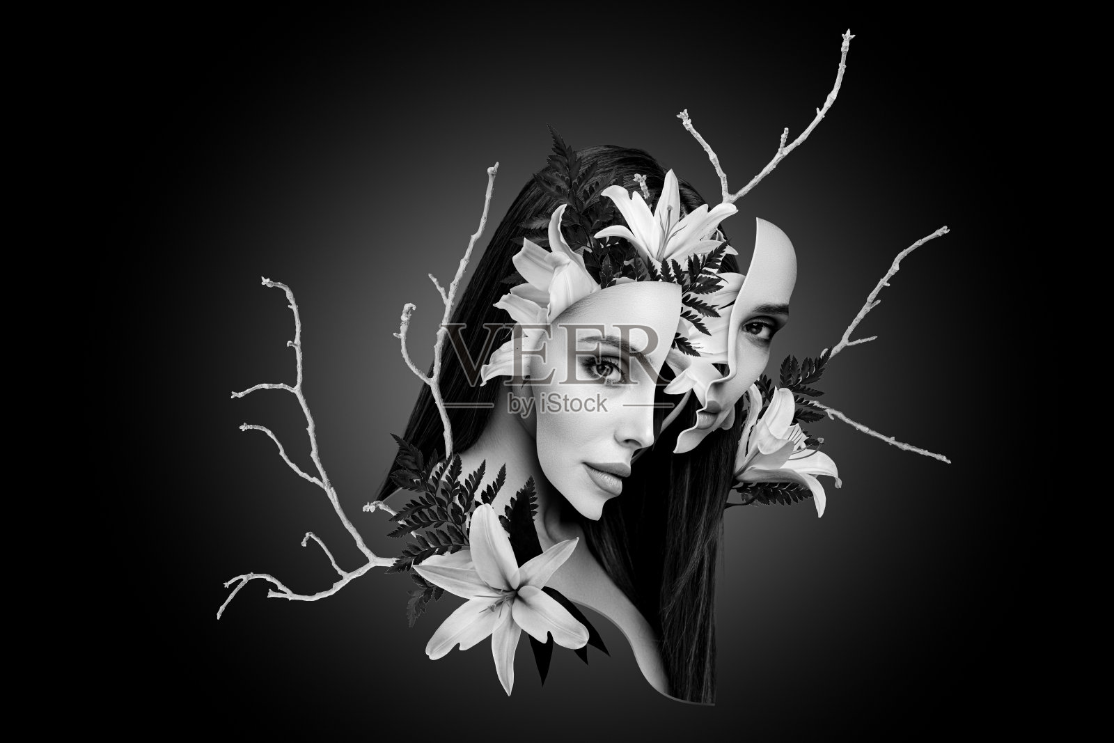 黑色背景上，温柔迷人的女士半边脸与百合花仙女公主的拼贴海报照片摄影图片