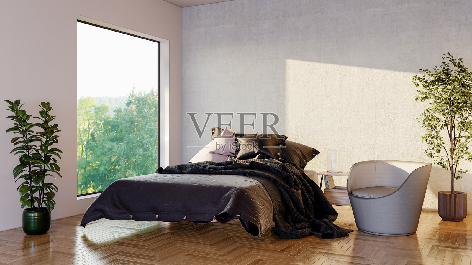 现代明亮卧室室内设计 3D 渲染插图 计算机生成图像照片摄影图片