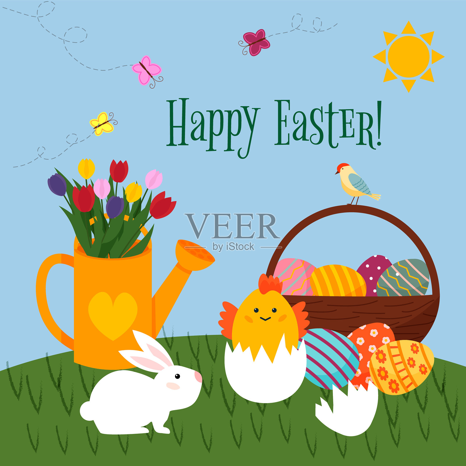 春季复活节贺卡。复活节兔子与草地上的小鸡。装有复活节彩蛋的篮子。盛有郁金香花束的浇水壶。明信片套装。插画图片素材