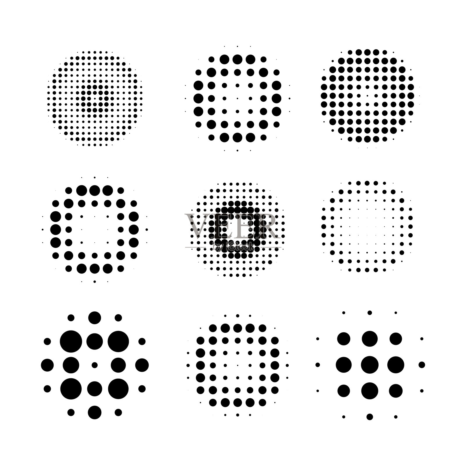 抽象半色调点状背景集。单色磨砂图案，包含点和圆圈。适用于海报布局的波普艺术纹理。插画图片素材