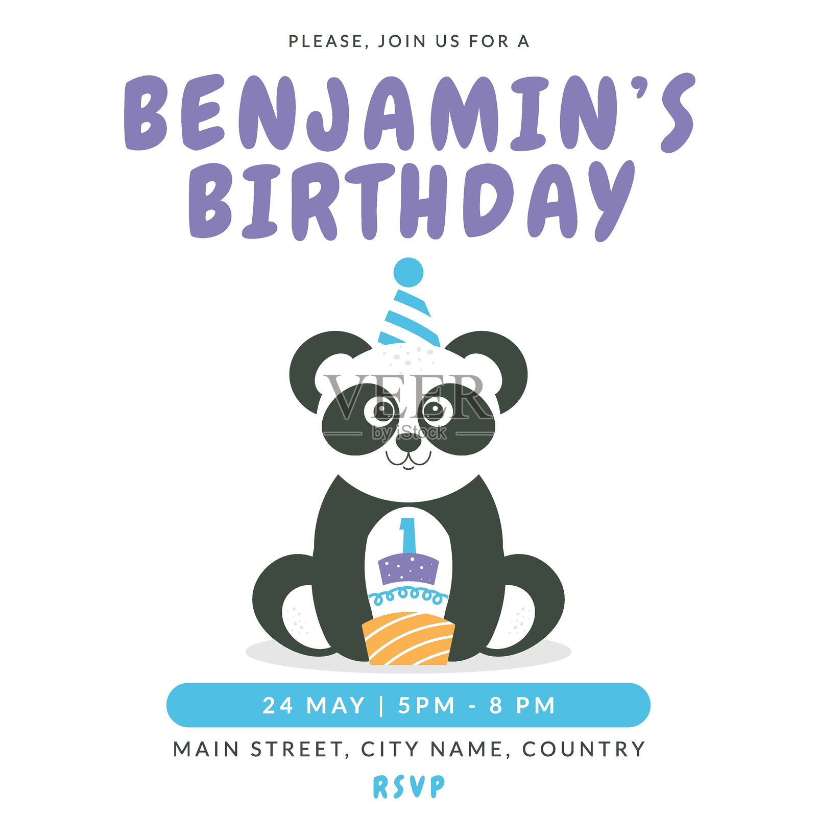 儿童第一次生日派对的问候和邀请卡。可爱的宝宝熊猫，蛋糕上有数字1，采用平面儿童风格。矢量插图，适用于卡片、海报和活动设计。插画图片素材