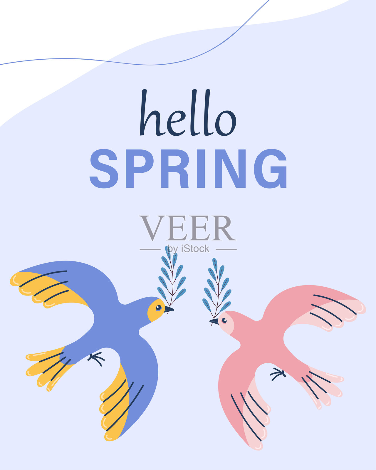 春天问候卡邀请函，带有鸟儿情侣图案插画图片素材