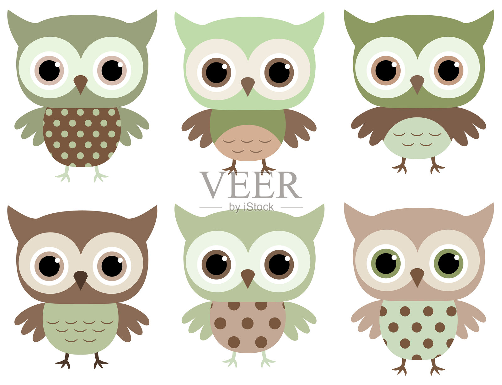 可爱有趣的扁平风格小猫头鹰角色，采用大地色调，适用于婴儿和儿童设计、邀请函和贺卡。插画图片素材