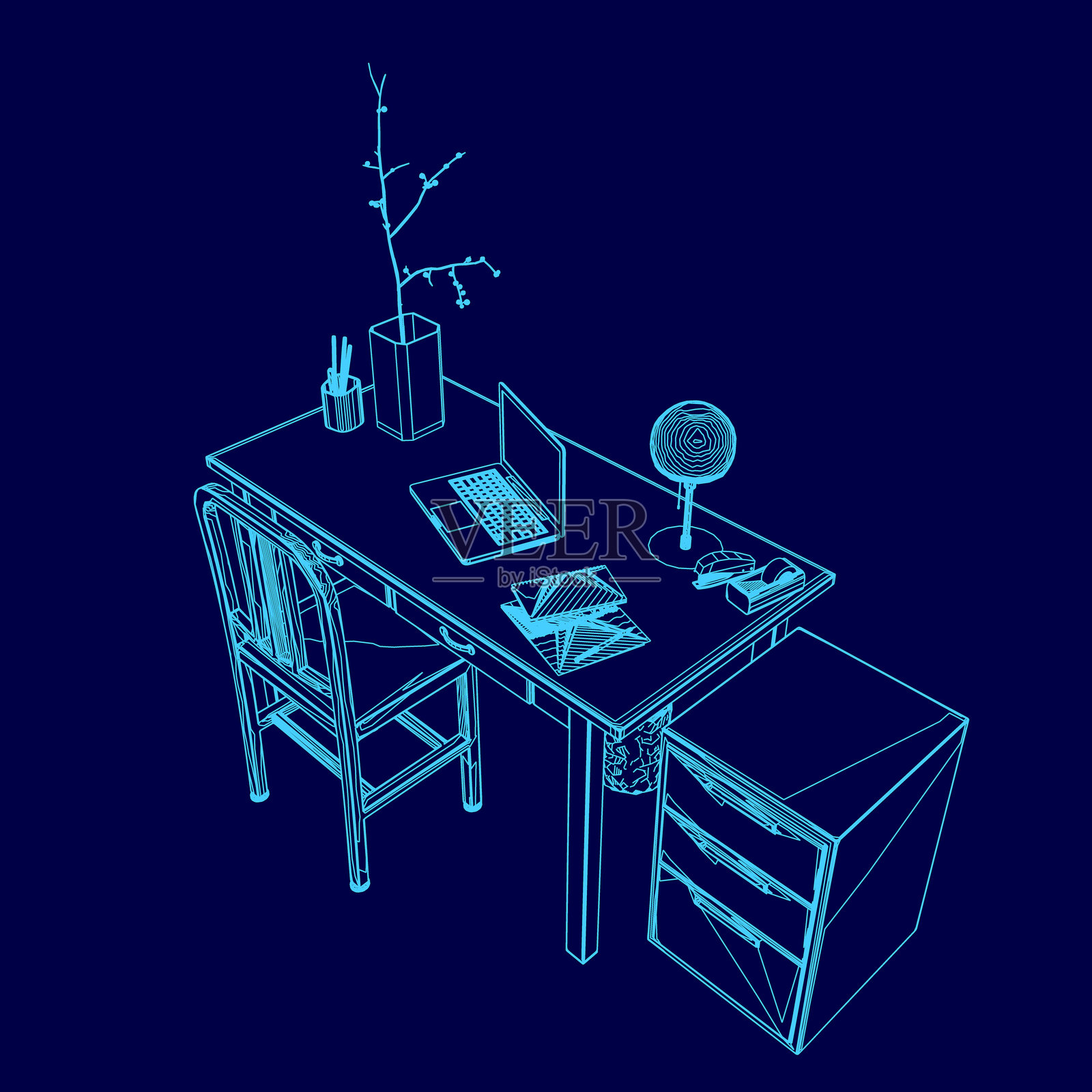 蓝色画作，描绘了一张桌子，上面有一台笔记本电脑、一个花瓶、一盏灯和一把椅子。桌子布置用于工作或学习，笔记本电脑和花瓶是主要的视觉焦点。插画图片素材
