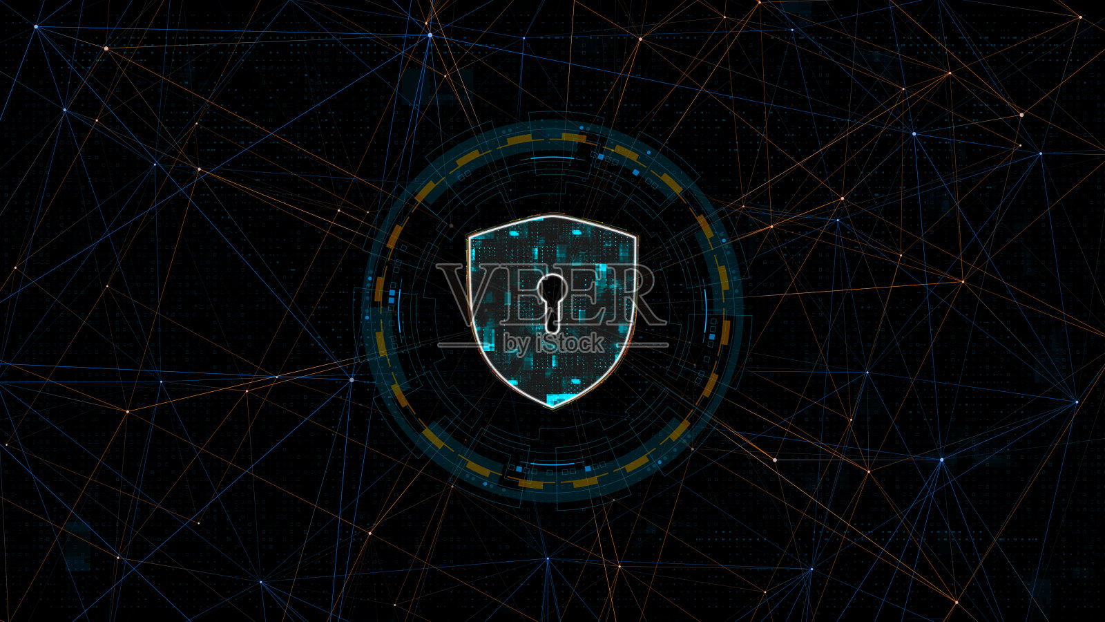 蓝色数字安全盾牌标志，带有圆形未来派HUD元素和橙色线连接，结合网络防火墙技术和数据安全概念的抽象背景照片摄影图片