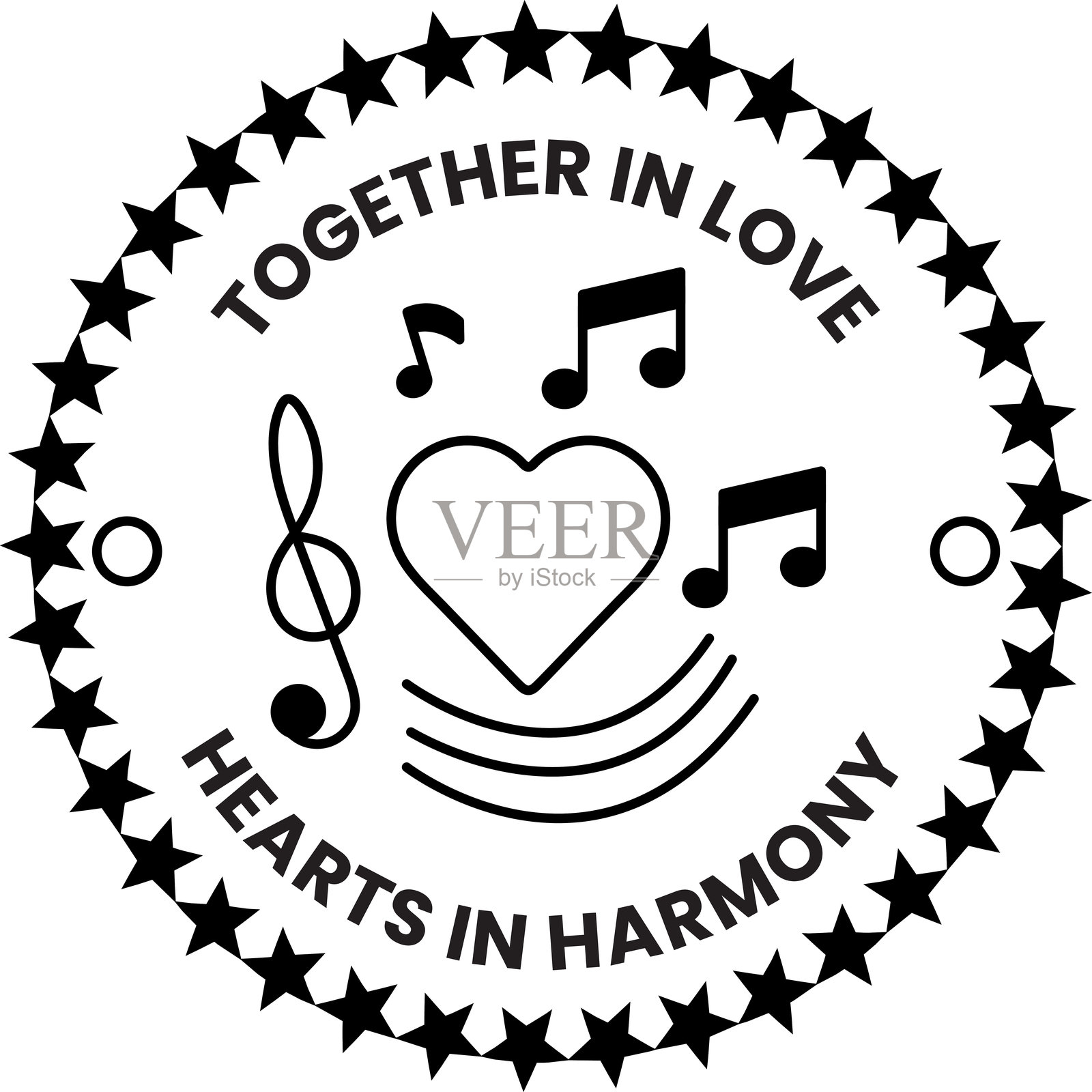 一个中间有心形的圆圈，周围环绕着音符插画图片素材
