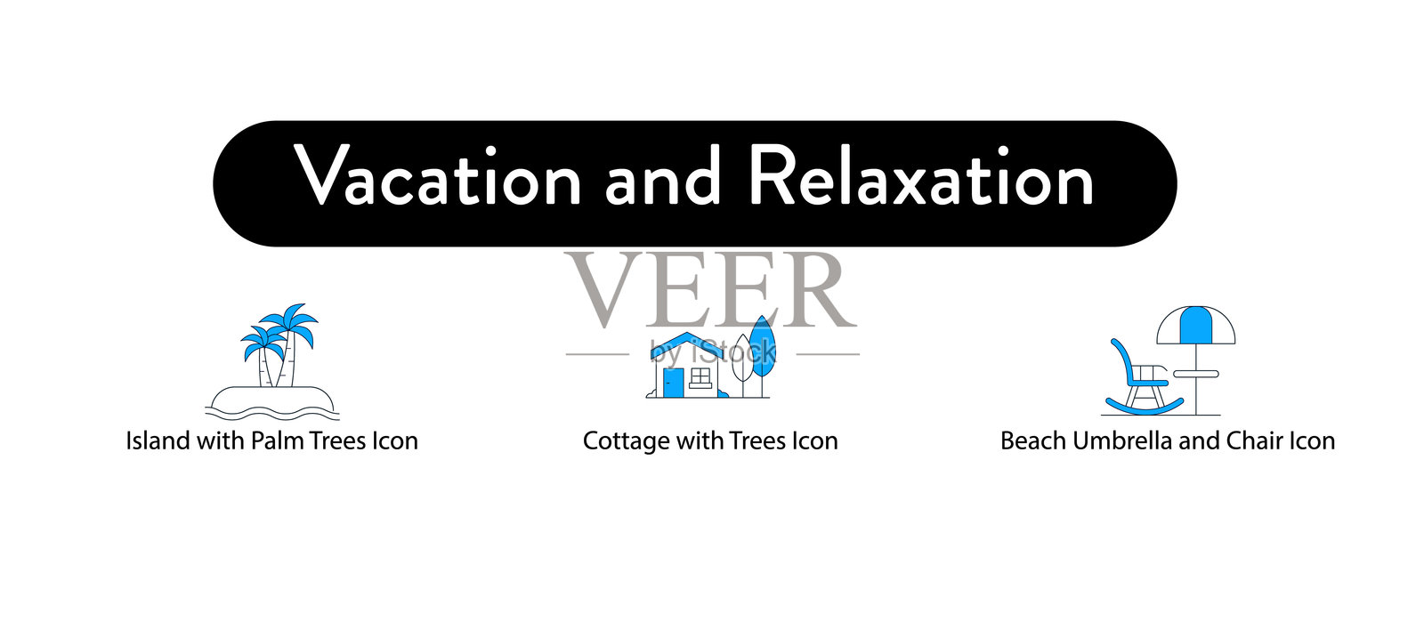 度假与放松。沙滩伞和椅子图标，棕榈树岛屿图标，树木小屋图标插画图片素材