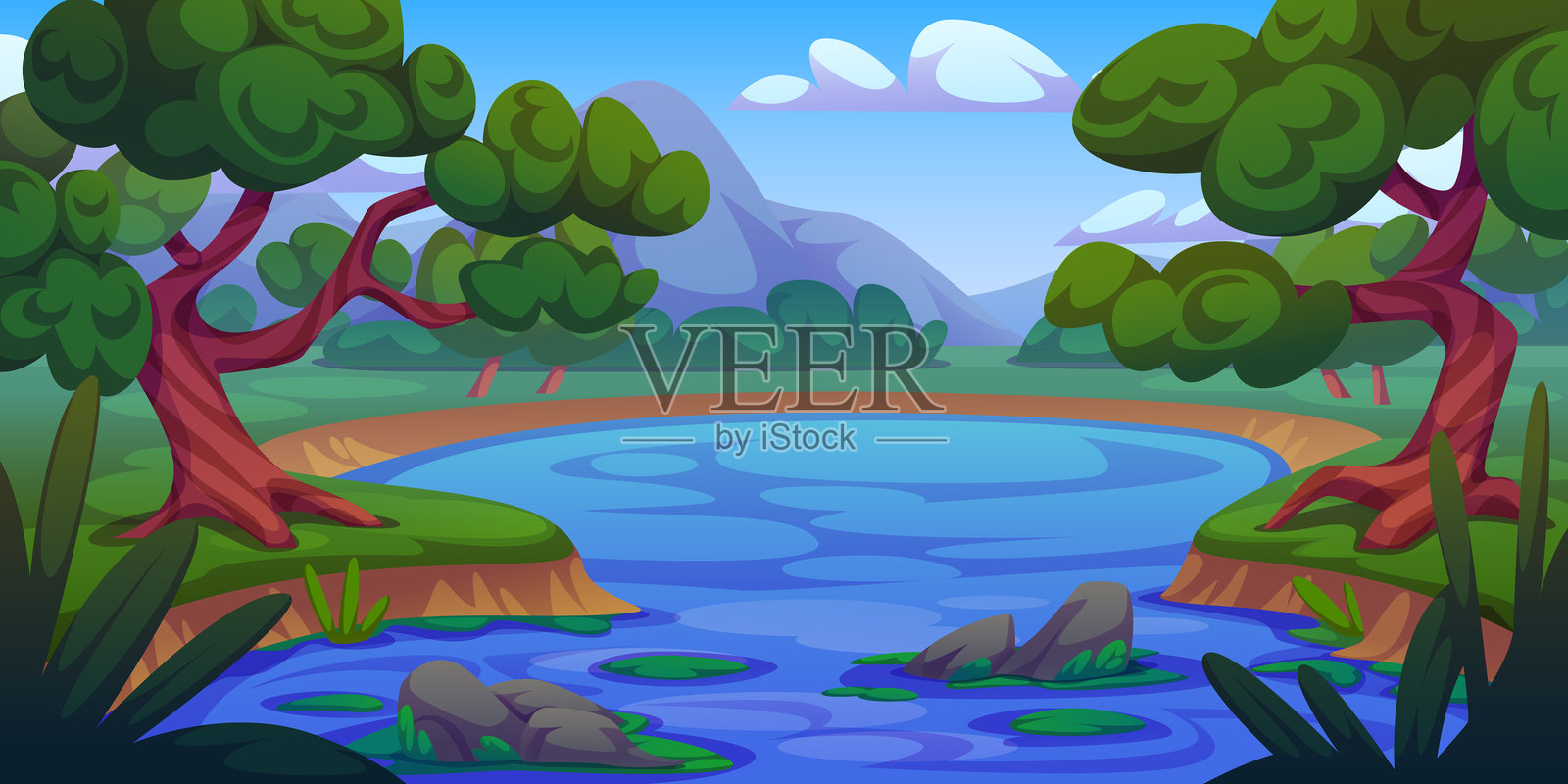 夏季湖泊与山脉背景插画图片素材