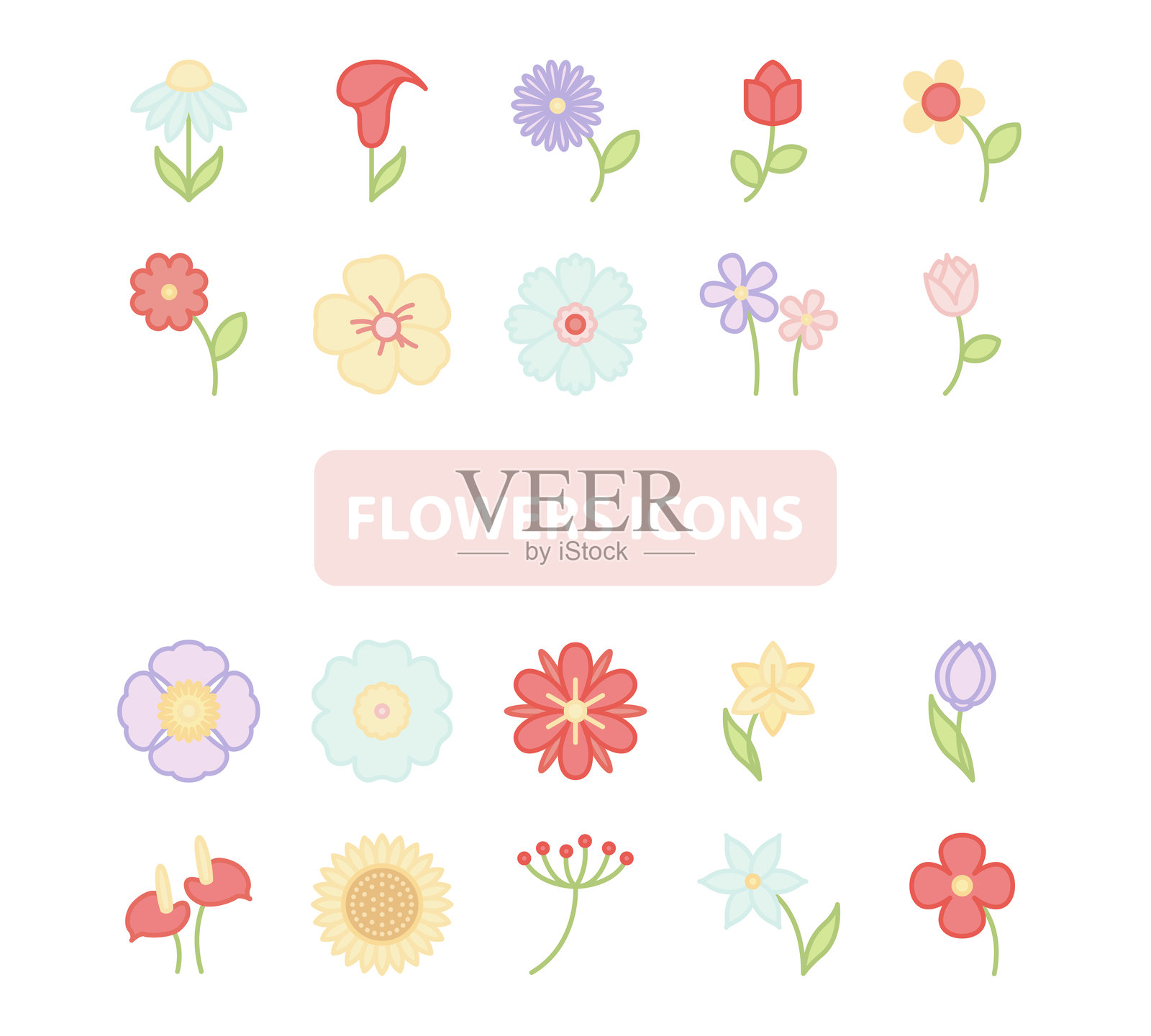 一组花卉图标，春季花卉季节插画图片素材