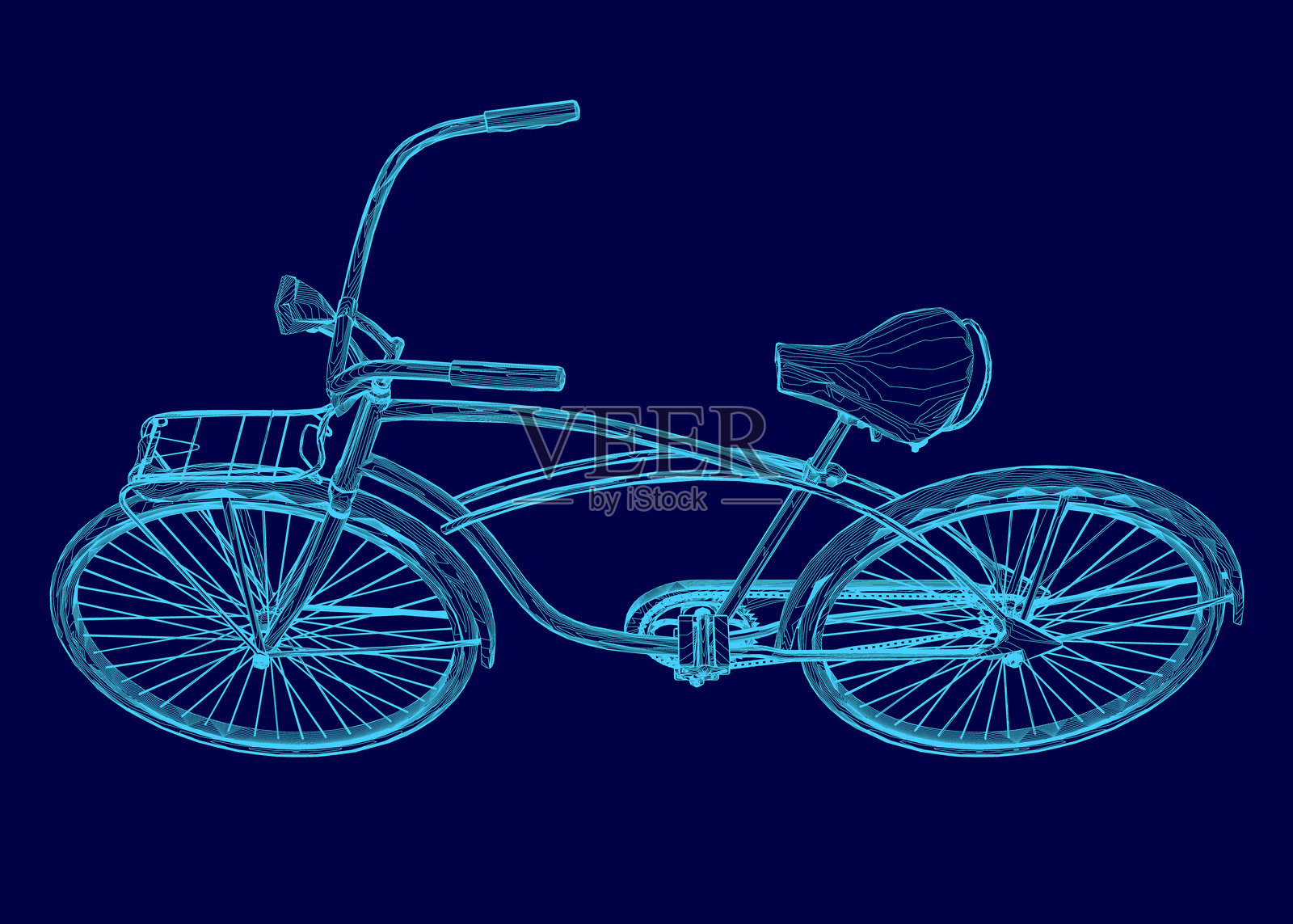 蓝色自行车，配有座椅和蓝色篮子。自行车以一种风格化的方式展示，采用蓝色调。场景充满趣味和奇幻，仿佛这辆自行车是一个卡通角色。插画图片素材