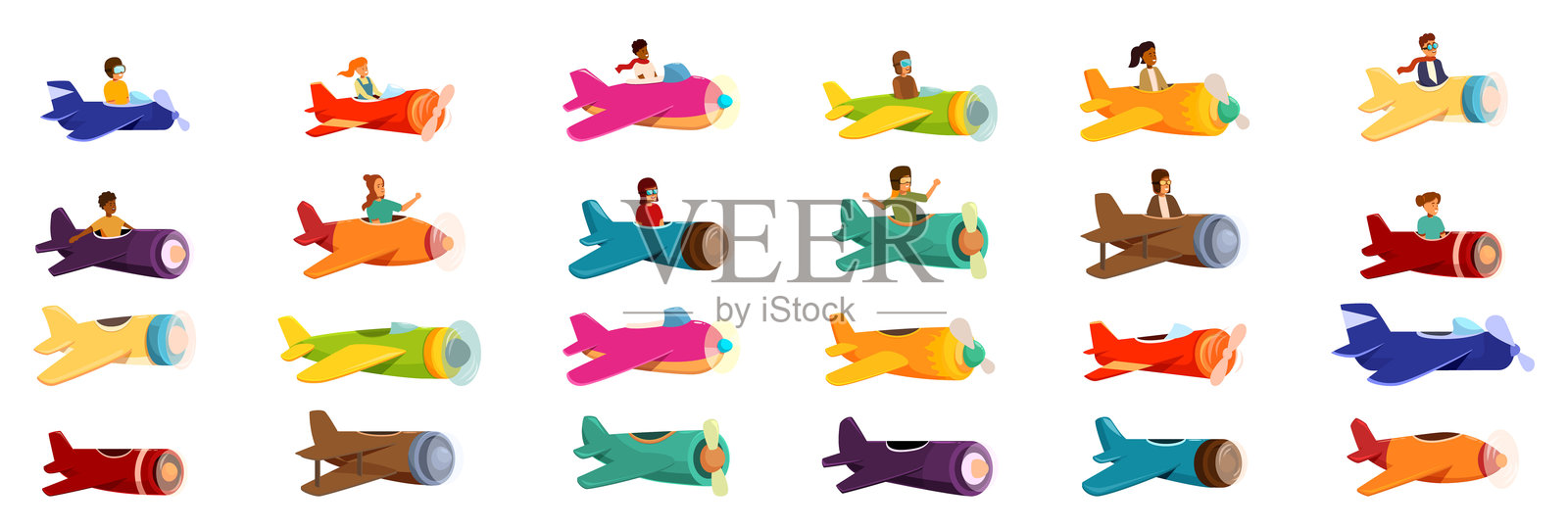 孩子们飞行飞机图标集。飞行员驾驶五彩斑斓的飞机，享受飞行和航空的乐趣。插画图片素材