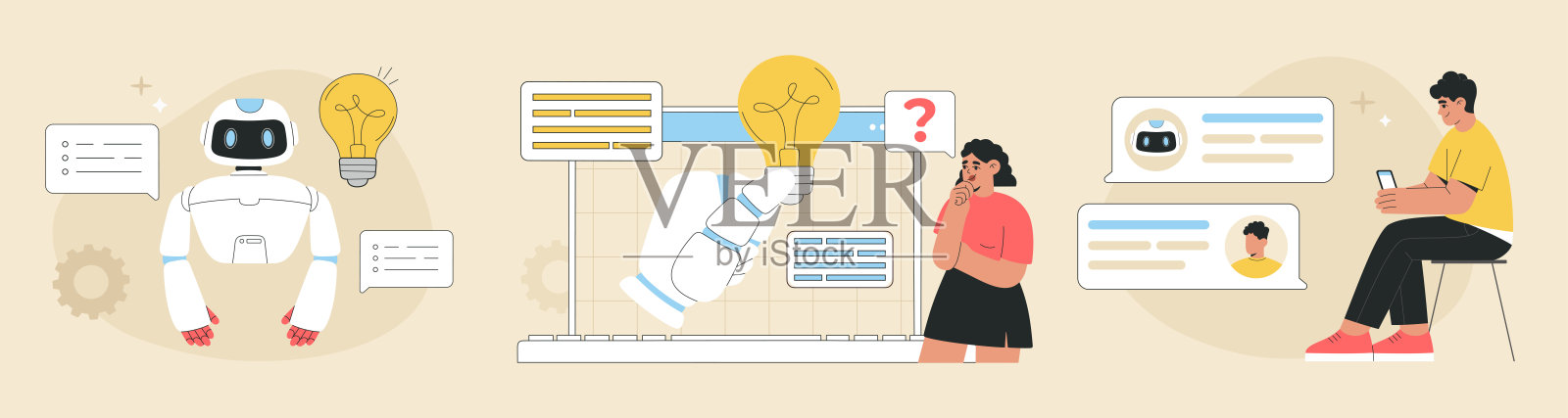 人工智能聊天机器人帮助人们寻找解决方案和答案的概念插画图片素材