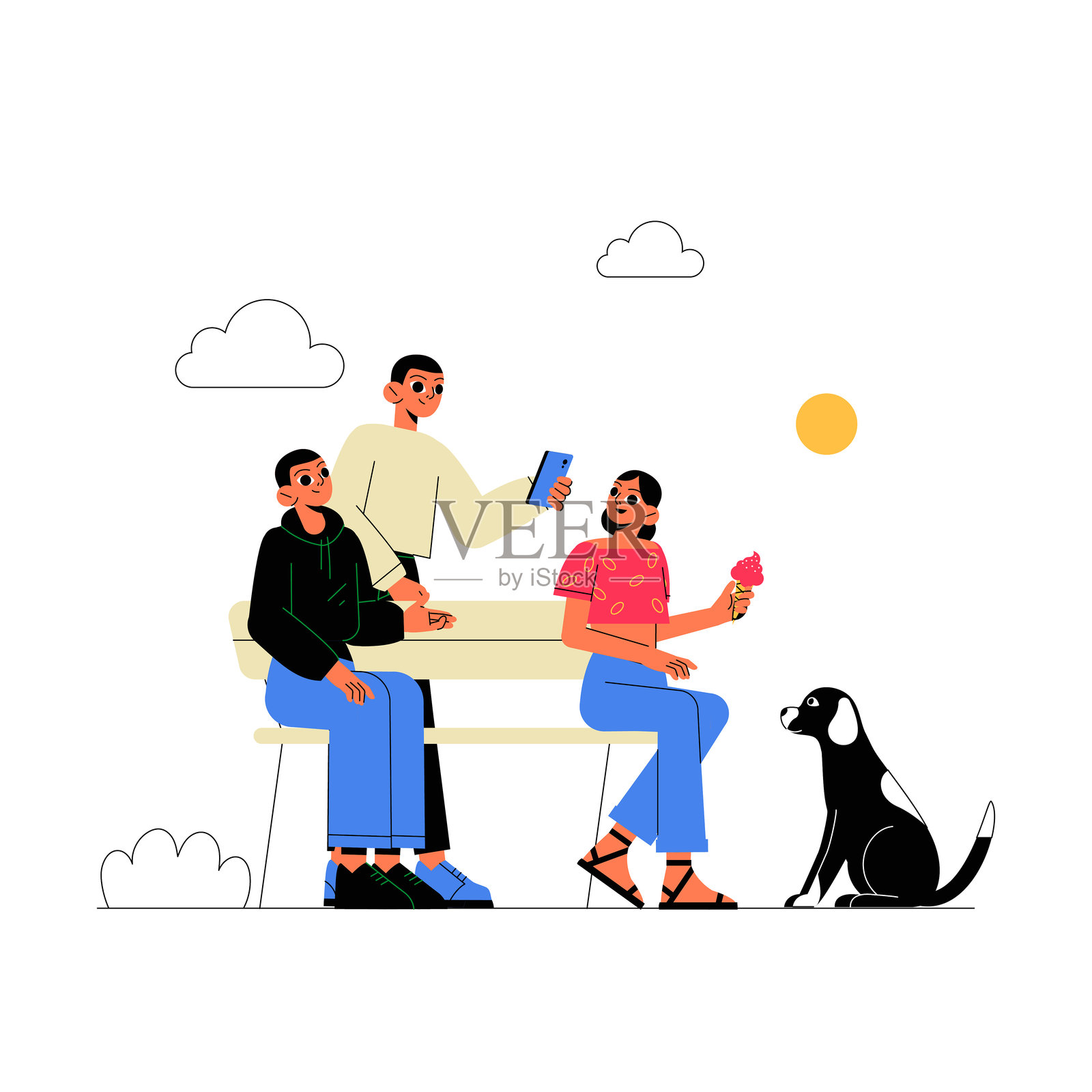 三个朋友坐在公园长椅上，旁边有一只狗，扁平化矢量插图象征着友谊、休闲和户外放松，背景为白色。插画图片素材