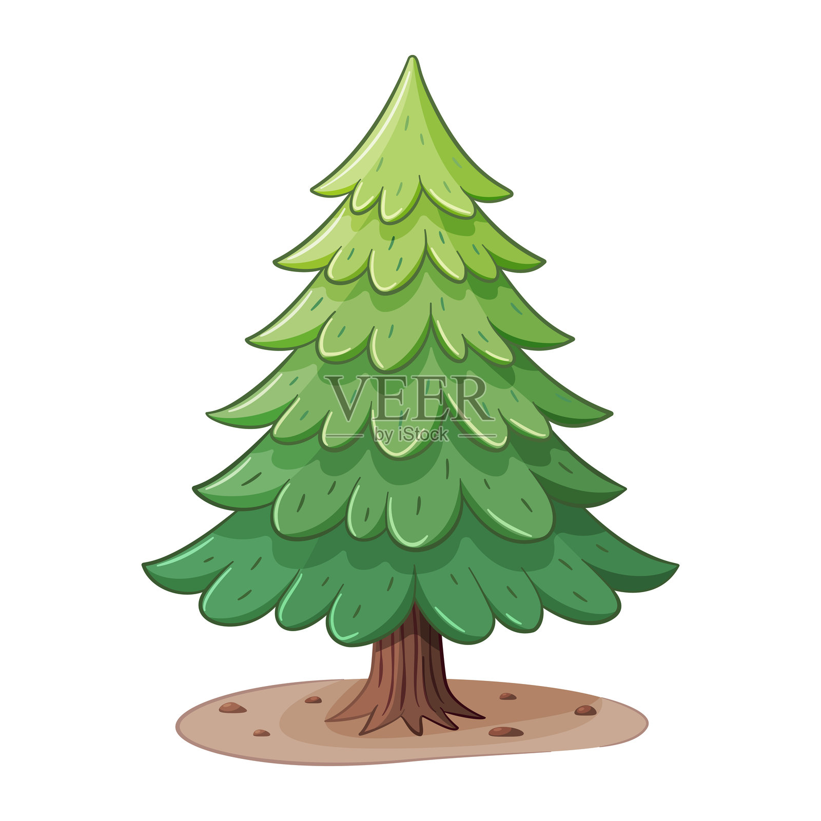 可爱的松树涂鸦风格。手绘森林植物，时尚扁平风格卡通孤立图标松树。绿色树冠叶子，适用于网页图形设计、海报。插画图片素材